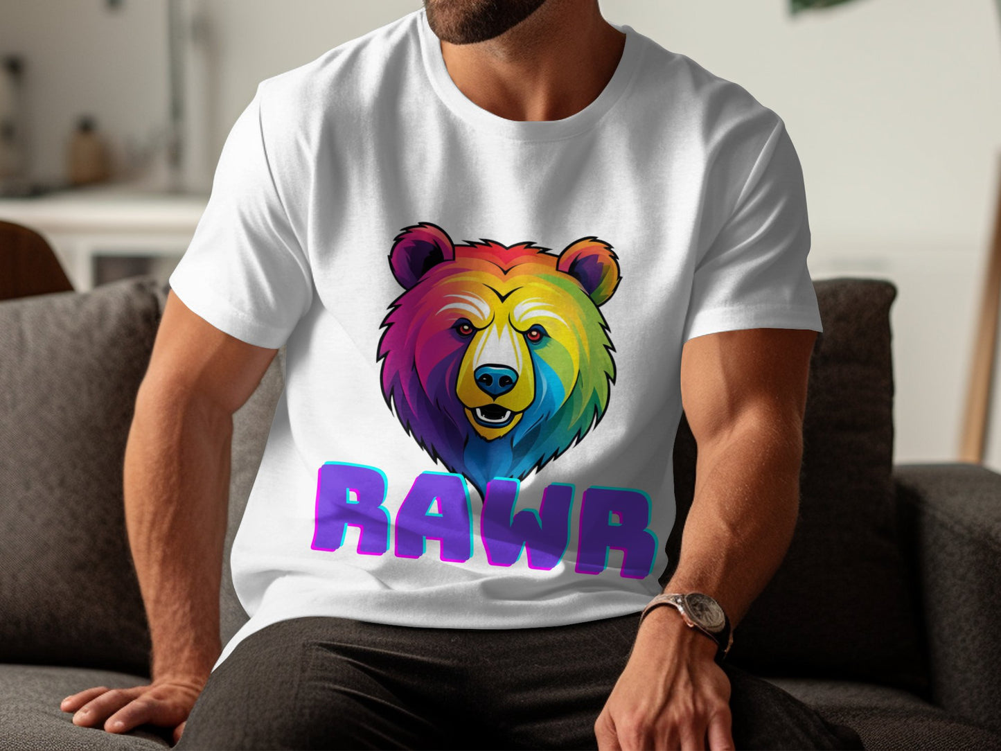 Colorful Bear Graphic T-Shirt, Rainbow Bear with RAWR Text Shirt, Unique Bear Design Tee, Bold Colorful Animal Print T-Shirt - Premium  from STXL - Just $24.99! Shop now at STXL