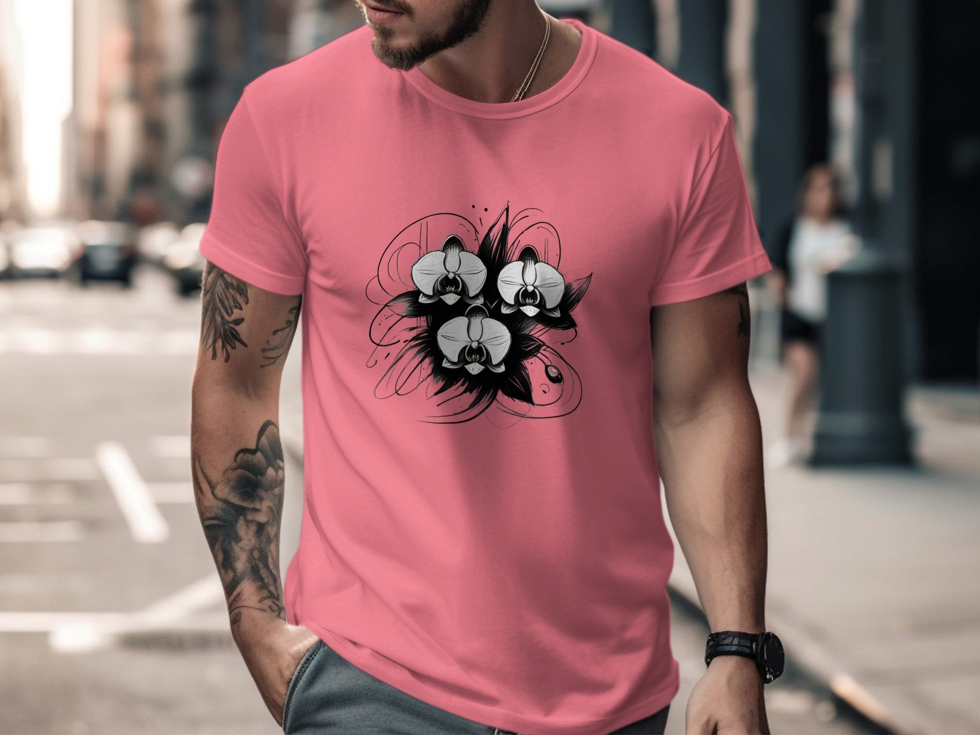 Artistic Orchid Floral Graphic T-Shirt, Abstract Flower Design Tee, Unique Black and White Print, Casual Fashion Shirt - Premium  from STXL - Just $24.99! Shop now at STXL