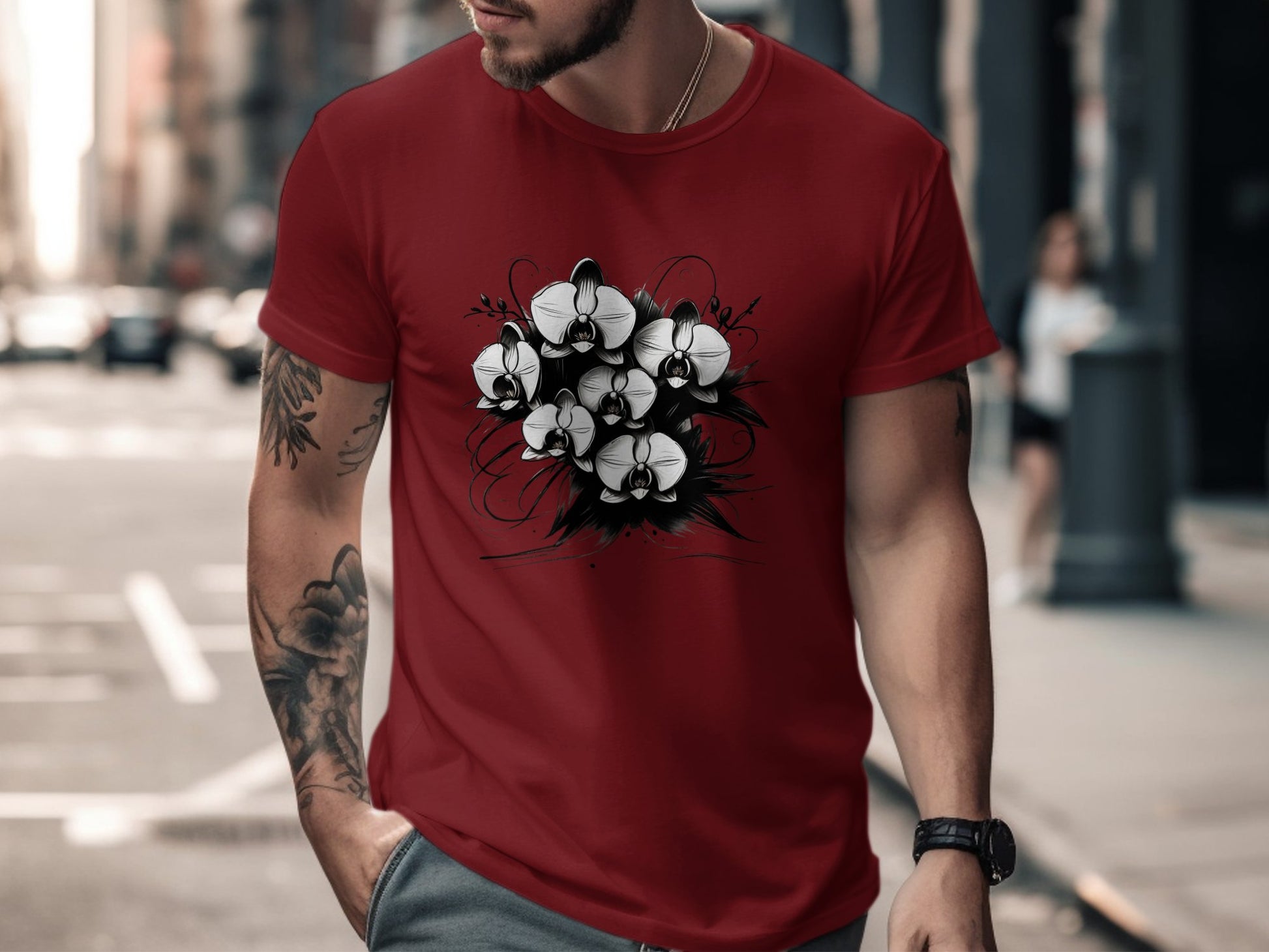 Orchid Flower Bouquet Graphic T-Shirt, Artistic Floral Design Tee, Black and White Flower Print, Unique Graphic T-Shirt, Floral Tee - Premium  from STXL - Just $24.99! Shop now at STXL