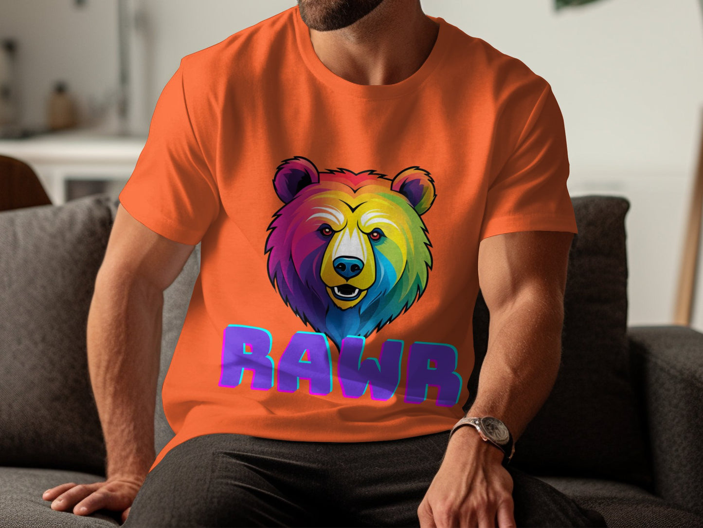 Colorful Bear Graphic T-Shirt, Rainbow Bear with RAWR Text Shirt, Unique Bear Design Tee, Bold Colorful Animal Print T-Shirt - Premium  from STXL - Just $24.99! Shop now at STXL