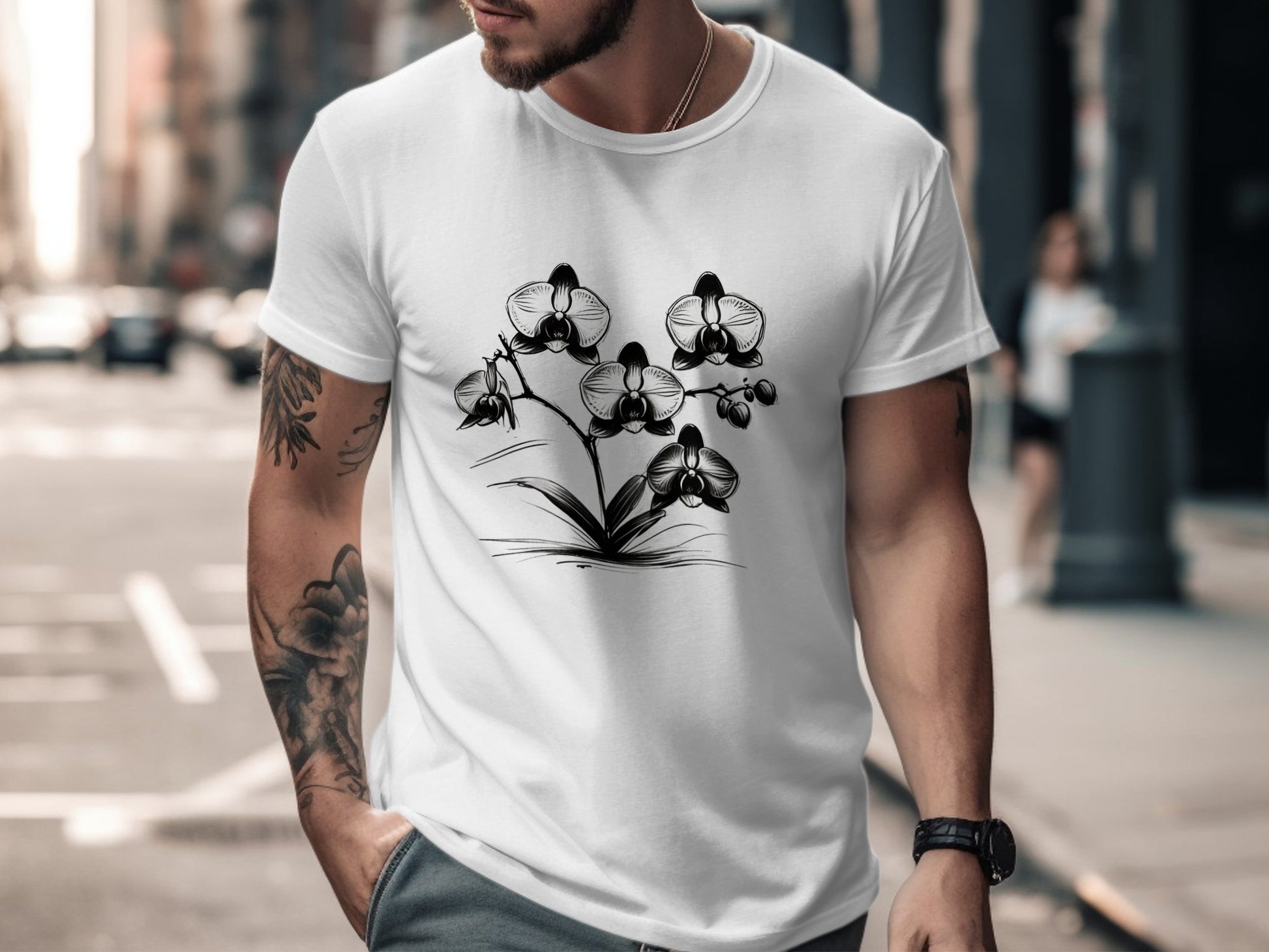 Elegant Black and White Orchid T-Shirt, Stylish Floral Graphic Tee, Botanical Art Design, Unique Casual Wear, Nature-Inspired Shirt - Premium  from STXL - Just $24.99! Shop now at STXL