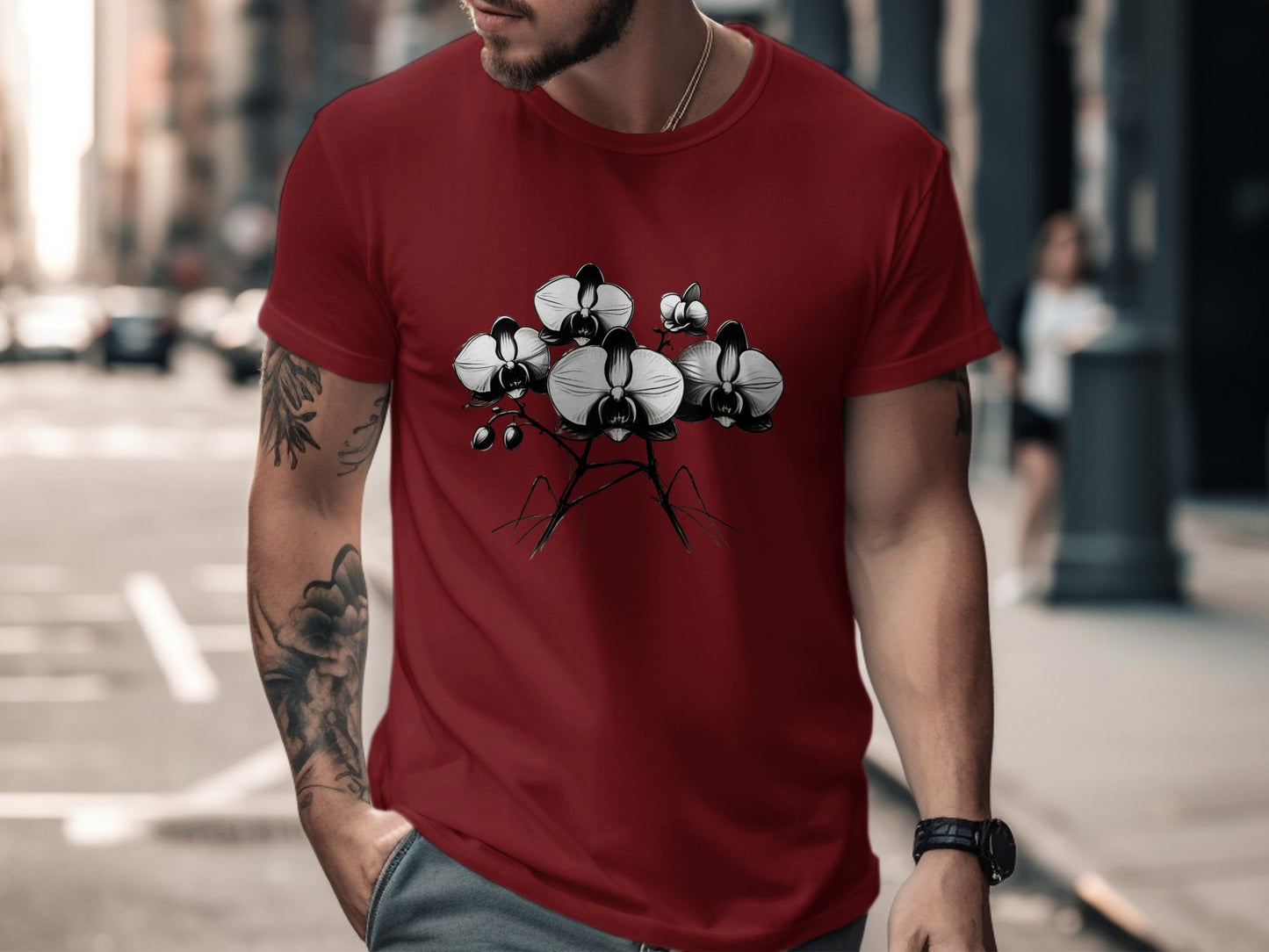 Stylish Black and White Orchid Flower Illustration T-Shirt, Elegant Floral Graphic Tee, Unique Blooming Orchid Art Design Shirt - Premium  from STXL - Just $24.99! Shop now at STXL