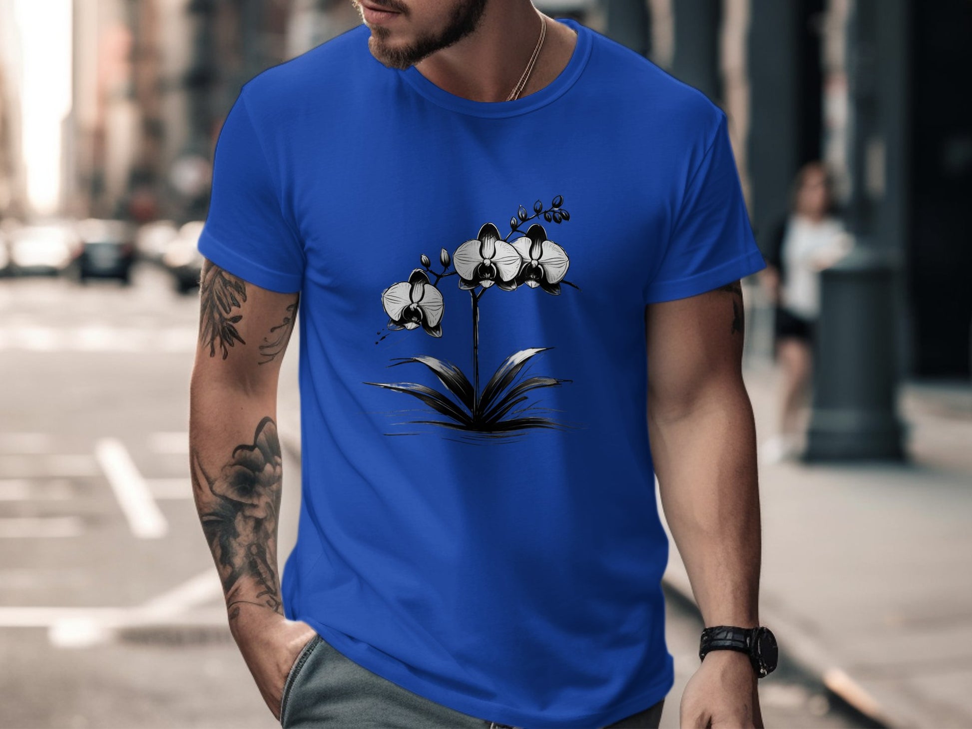 Elegant Black and White Orchid Illustration T-Shirt, Botanical Flower Graphic Tee, Minimalist Nature Art Apparel, Unique Floral Design Top - Premium  from STXL - Just $24.99! Shop now at STXL