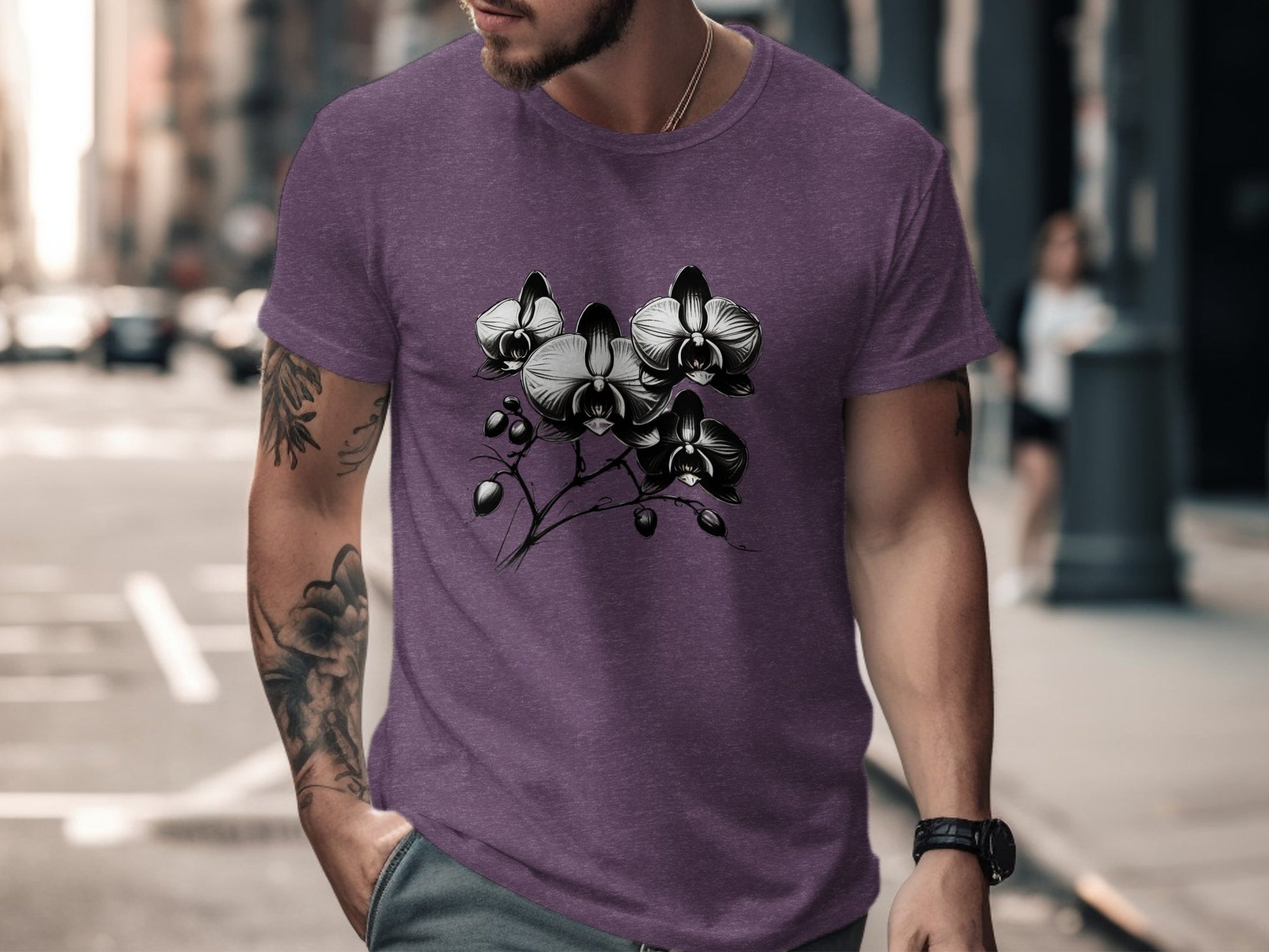 Elegant Black and White Orchid Illustration T-Shirt, Floral Graphic Tee, Unique Artistic Design Apparel, Nature Inspired Shirt, Gift - Premium  from STXL - Just $24.99! Shop now at STXL