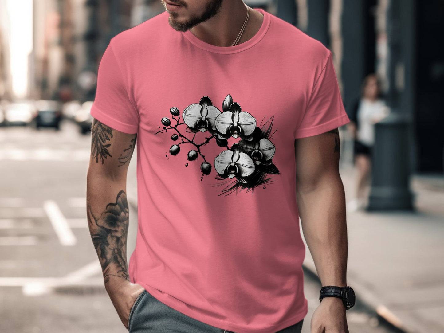 Elegant Black and White Orchid Illustration, Unique Floral Design T-Shirt, Artistic Orchid Graphic Tee, Nature Inspired Top - Premium  from STXL - Just $24.99! Shop now at STXL