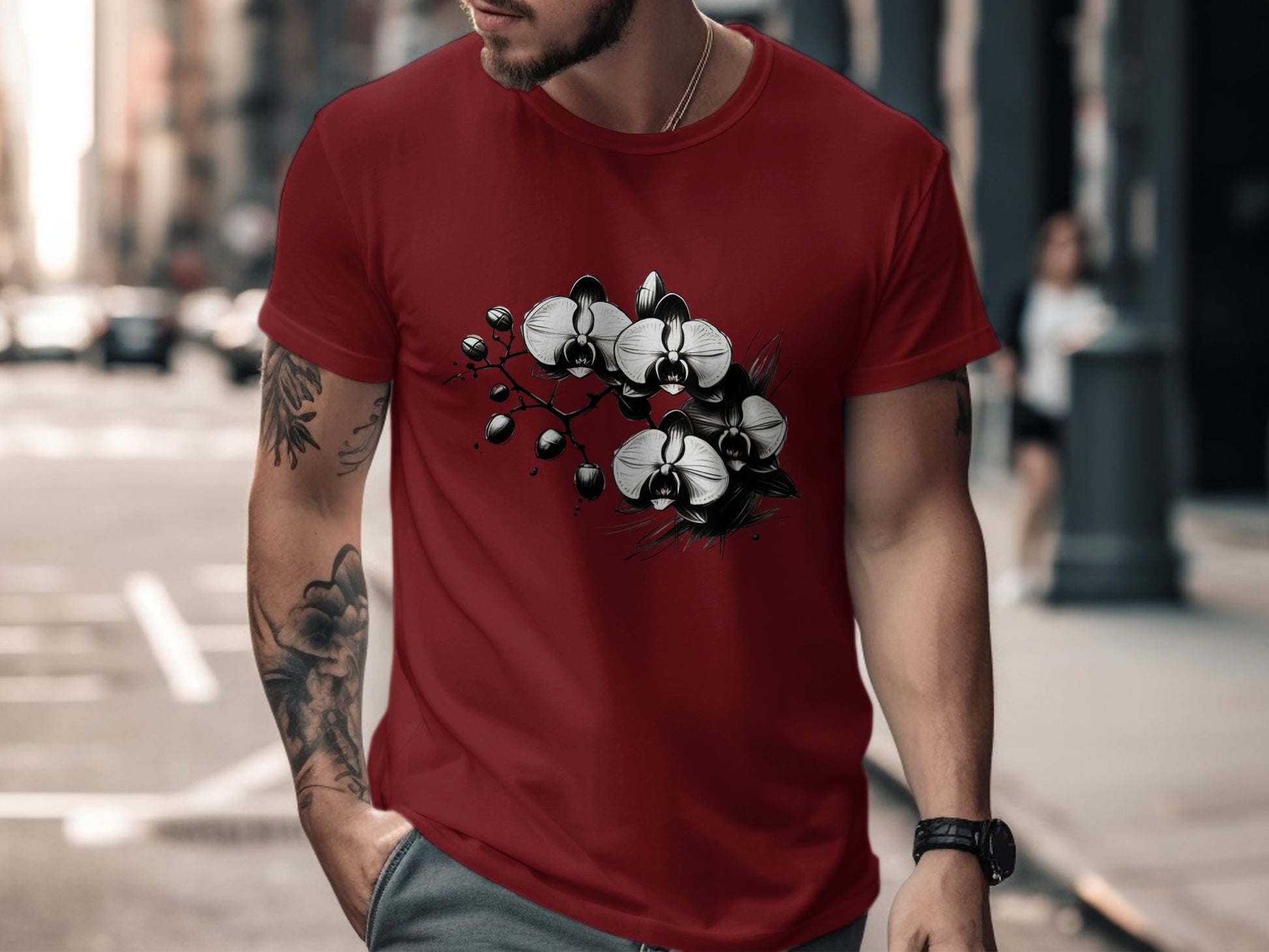 Elegant Black and White Orchid Illustration, Unique Floral Design T-Shirt, Artistic Orchid Graphic Tee, Nature Inspired Top - Premium  from STXL - Just $24.99! Shop now at STXL