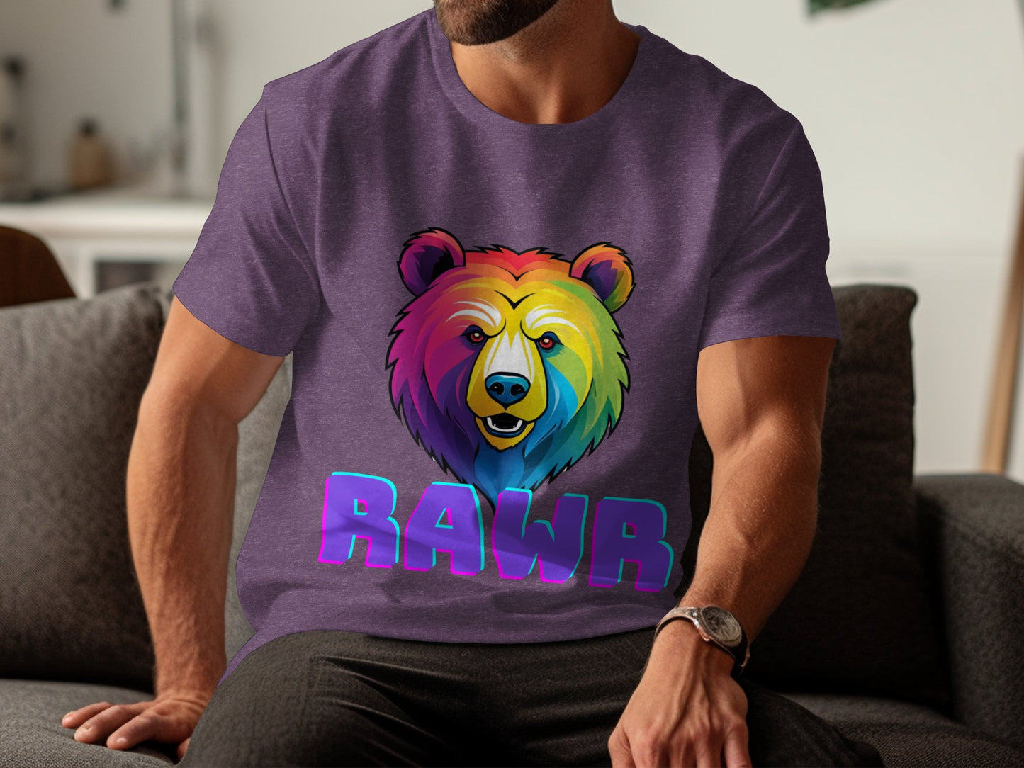 Colorful Bear Graphic T-Shirt, Rainbow Bear with RAWR Text Shirt, Unique Bear Design Tee, Bold Colorful Animal Print T-Shirt - Premium  from STXL - Just $24.99! Shop now at STXL