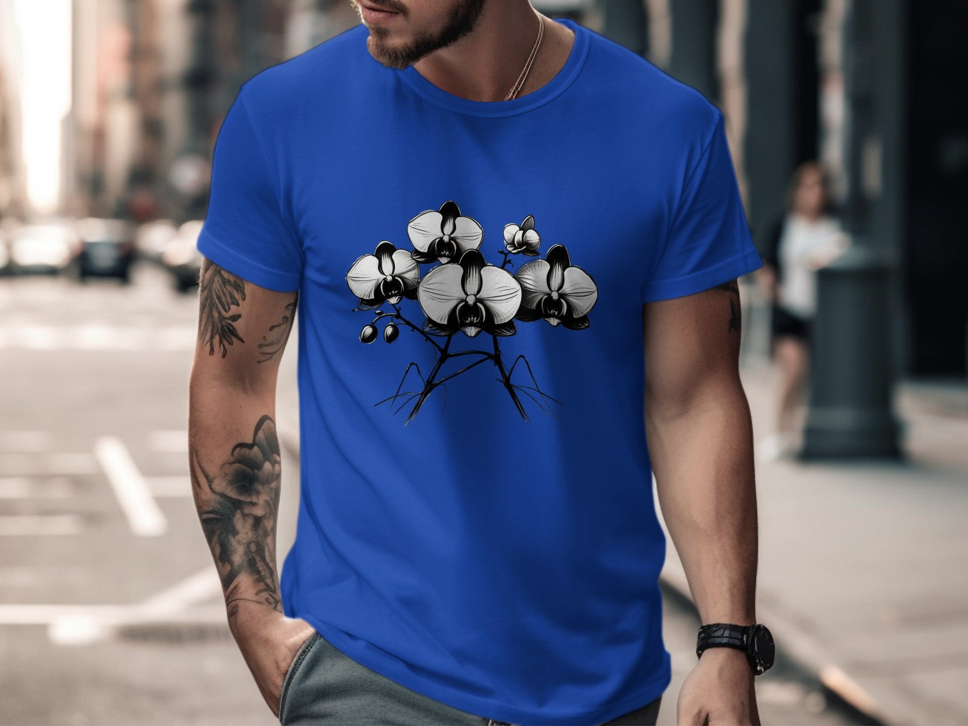 Stylish Black and White Orchid Flower Illustration T-Shirt, Elegant Floral Graphic Tee, Unique Blooming Orchid Art Design Shirt - Premium  from STXL - Just $24.99! Shop now at STXL