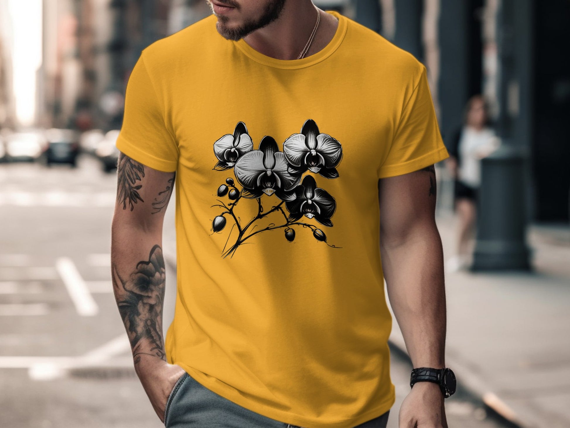 Elegant Black and White Orchid Illustration T-Shirt, Floral Graphic Tee, Unique Artistic Design Apparel, Nature Inspired Shirt, Gift - Premium  from STXL - Just $24.99! Shop now at STXL