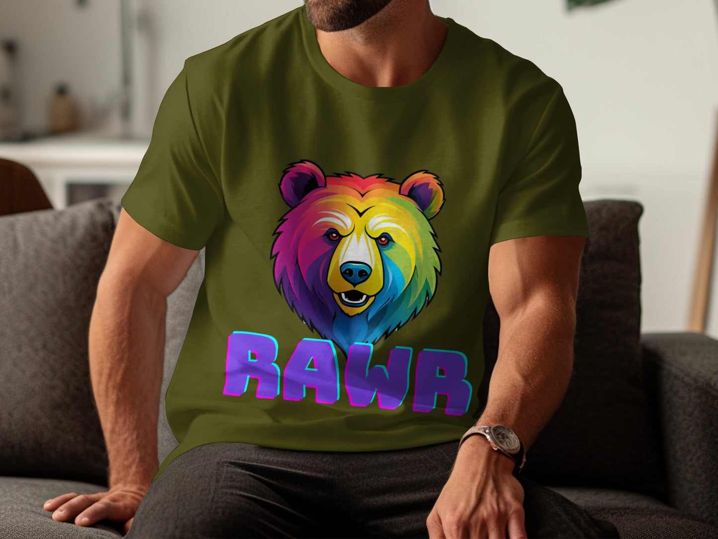 Colorful Bear Graphic T-Shirt, Rainbow Bear with RAWR Text Shirt, Unique Bear Design Tee, Bold Colorful Animal Print T-Shirt - Premium  from STXL - Just $24.99! Shop now at STXL