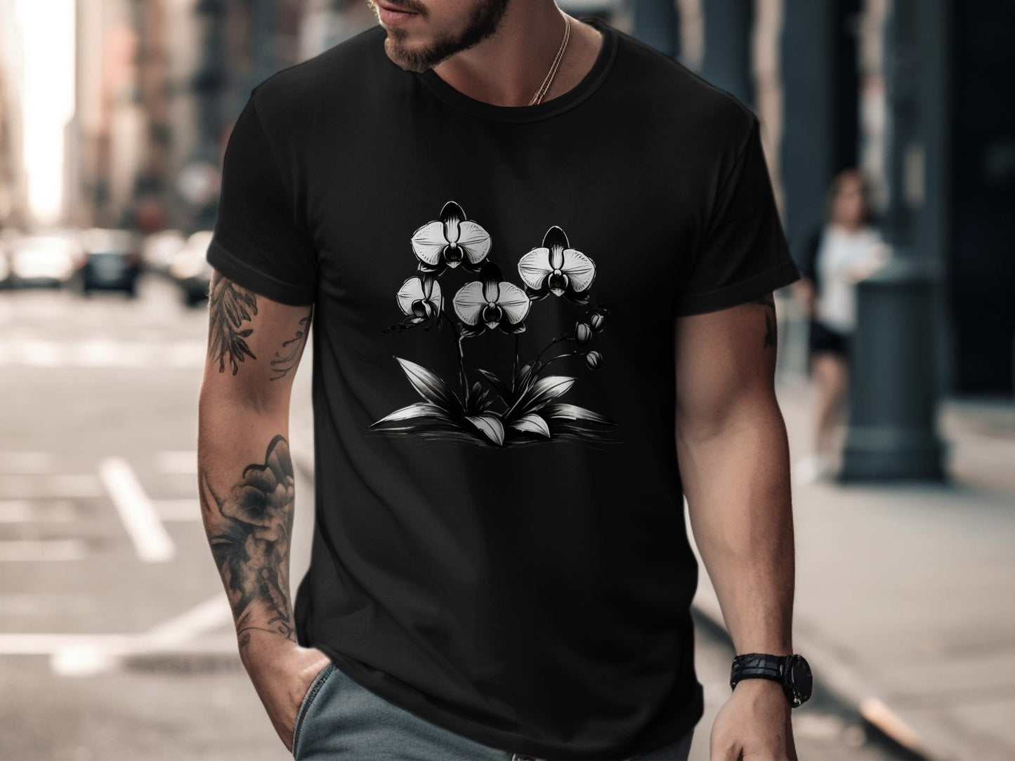 Black and White Orchid Illustration T-Shirt, Elegant Floral Art Tee, Botanical Design Shirt, Flower Graphic T-Shirt, Nature Lover Gift - Premium  from STXL - Just $24.99! Shop now at STXL