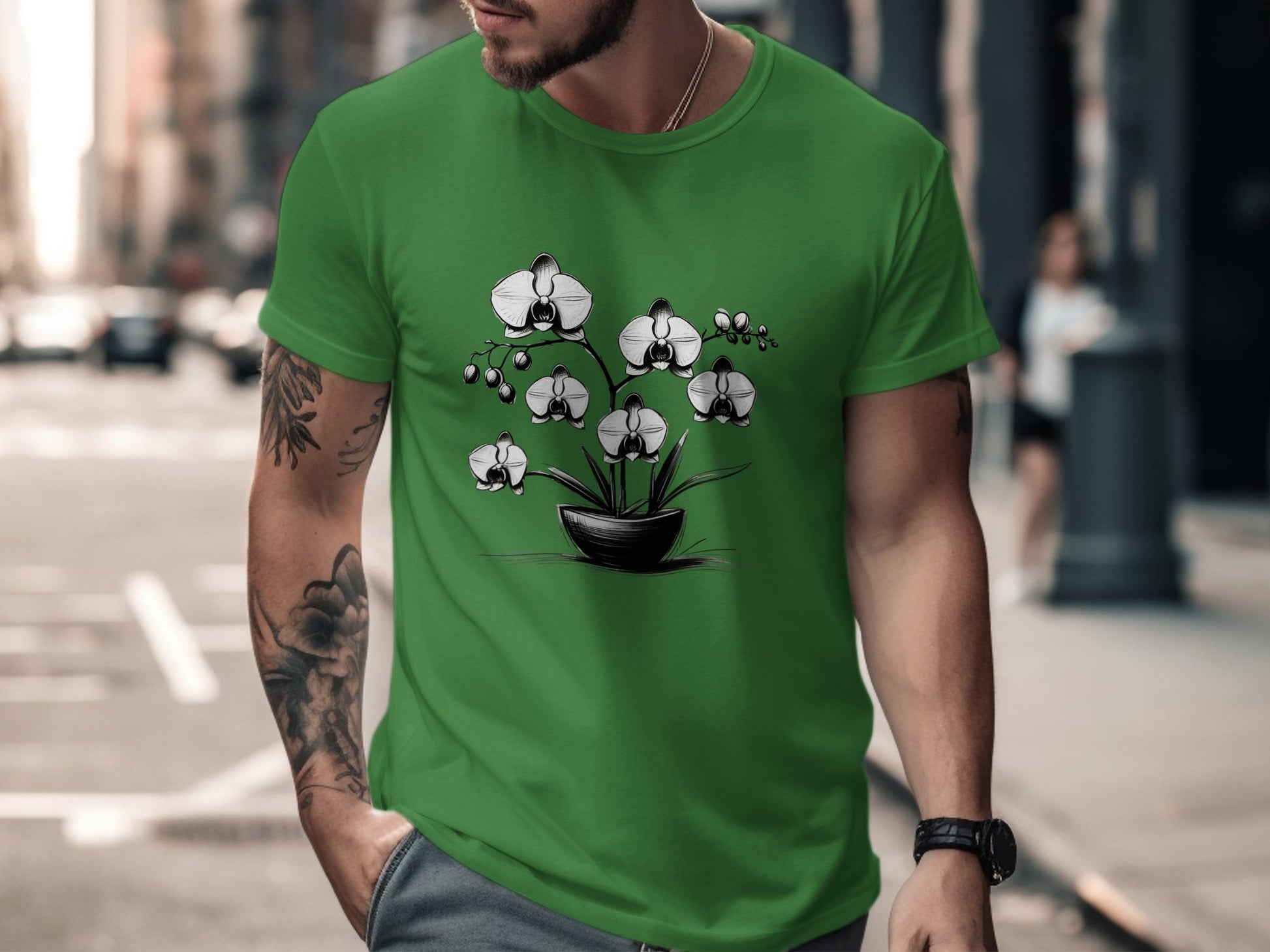 Orchid Flower Pot Drawing T-Shirt, Monochrome Orchid Plant Tee, Simple Floral Design Shirt, Elegant Black and White Floral Tee - Premium  from STXL - Just $24.99! Shop now at STXL