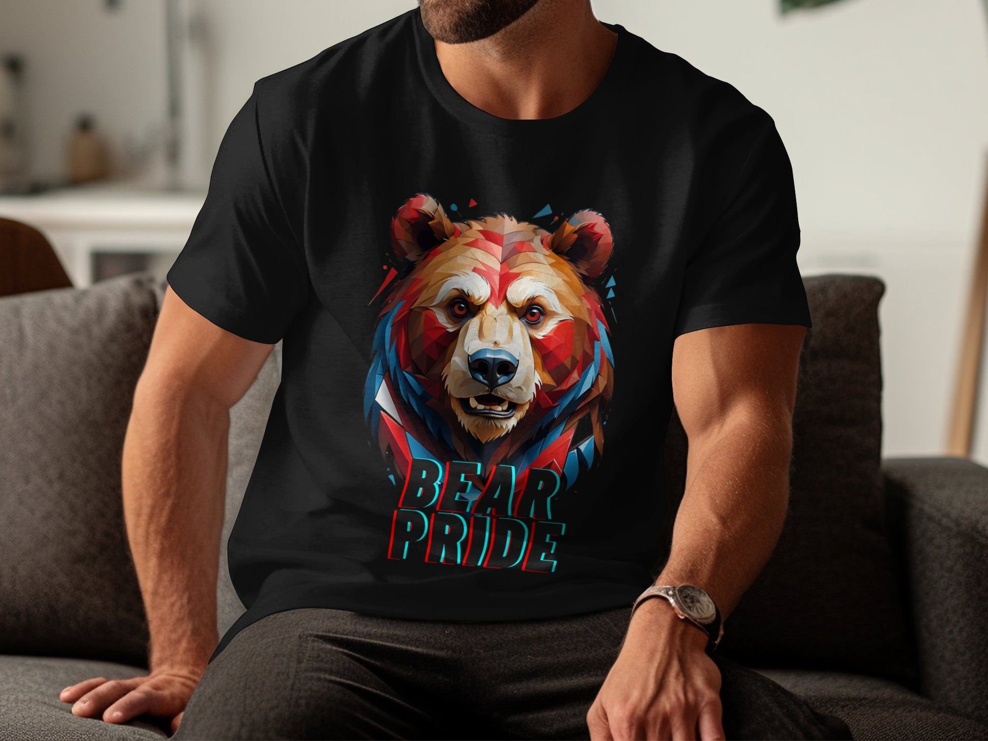 Bear Pride T-Shirt, Colorful Geometric Bear Print, Animal Graphic Tee, Bold Bear Head Design, Unique Wildlife Art, Eco-Friendly Gift - Premium  from STXL - Just $24.99! Shop now at STXL