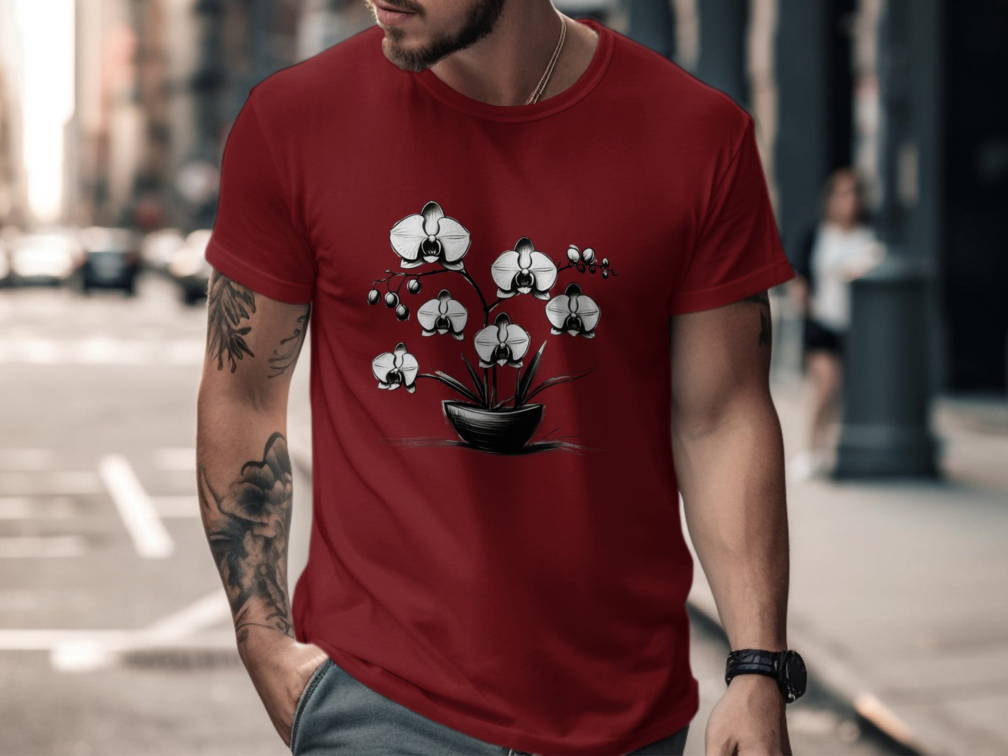 Orchid Flower Pot Drawing T-Shirt, Monochrome Orchid Plant Tee, Simple Floral Design Shirt, Elegant Black and White Floral Tee - Premium  from STXL - Just $24.99! Shop now at STXL