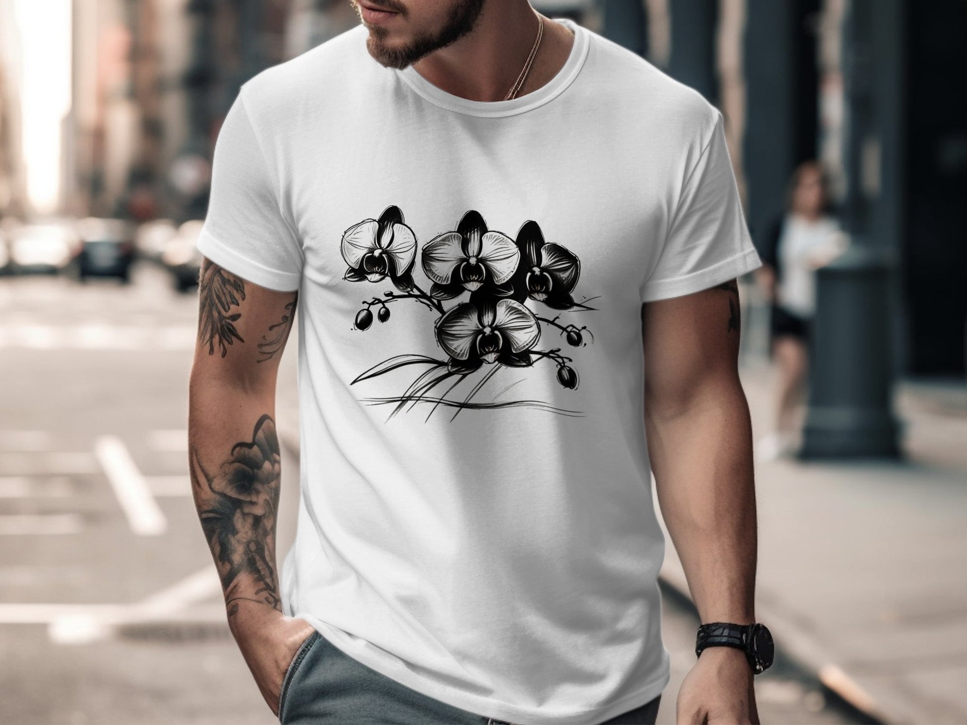 Artistic Black and White Orchid Design T-Shirt, Botanical Floral Print Tee, Nature Inspired Graphic T-Shirt, Unique Fashion Style - Premium  from STXL - Just $24.99! Shop now at STXL