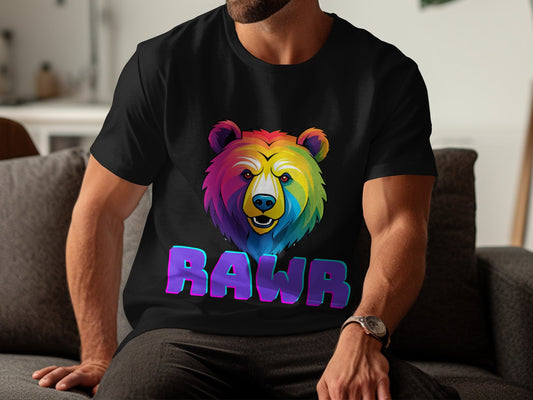 Colorful Bear Graphic T-Shirt, Rainbow Bear with RAWR Text Shirt, Unique Bear Design Tee, Bold Colorful Animal Print T-Shirt - Premium  from STXL - Just $24.99! Shop now at STXL