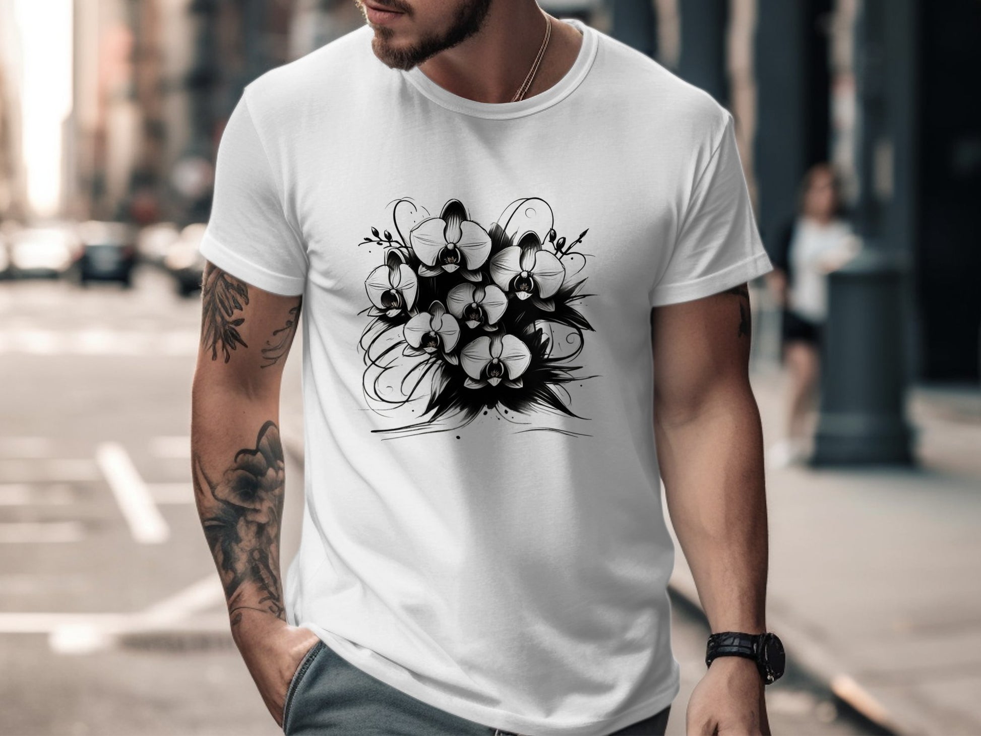 Orchid Flower Bouquet Graphic T-Shirt, Artistic Floral Design Tee, Black and White Flower Print, Unique Graphic T-Shirt, Floral Tee - Premium  from STXL - Just $24.99! Shop now at STXL