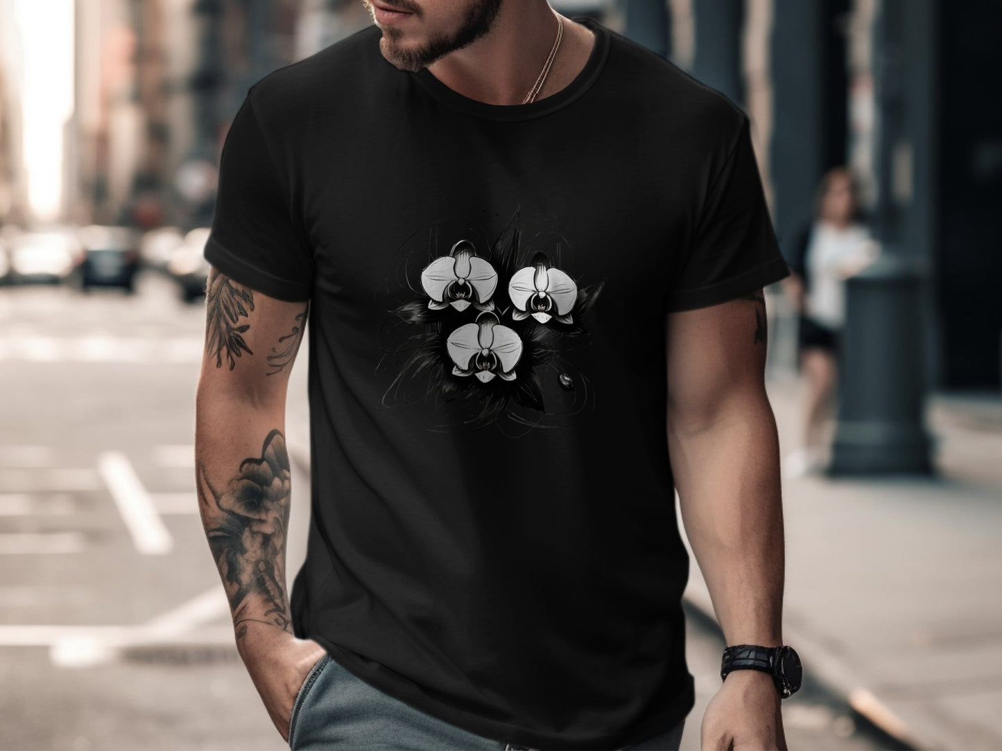 Artistic Orchid Floral Graphic T-Shirt, Abstract Flower Design Tee, Unique Black and White Print, Casual Fashion Shirt - Premium  from STXL - Just $24.99! Shop now at STXL