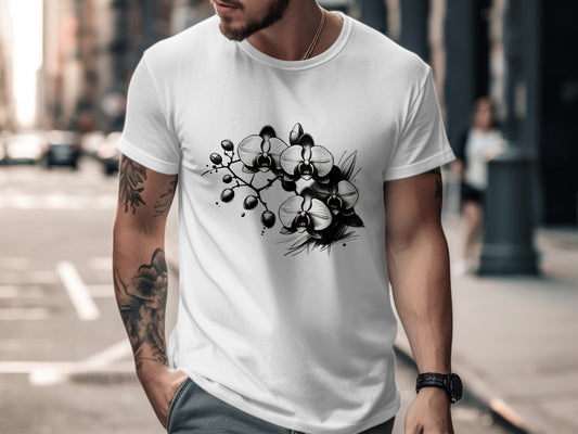 Elegant Black and White Orchid Illustration, Unique Floral Design T-Shirt, Artistic Orchid Graphic Tee, Nature Inspired Top - Premium  from STXL - Just $24.99! Shop now at STXL