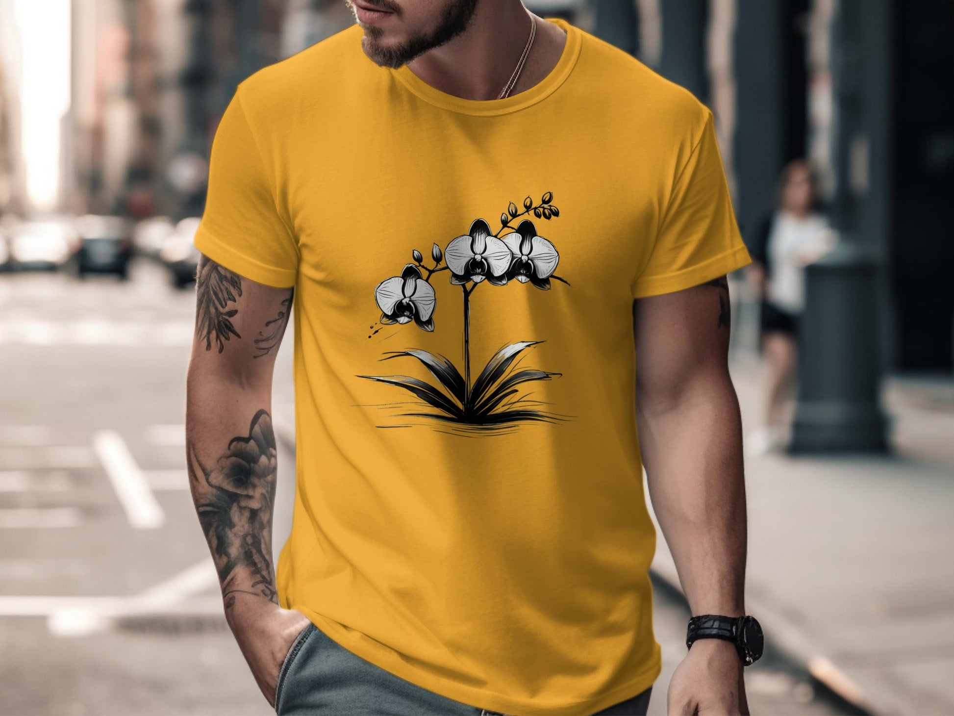 Elegant Black and White Orchid Illustration T-Shirt, Botanical Flower Graphic Tee, Minimalist Nature Art Apparel, Unique Floral Design Top - Premium  from STXL - Just $24.99! Shop now at STXL