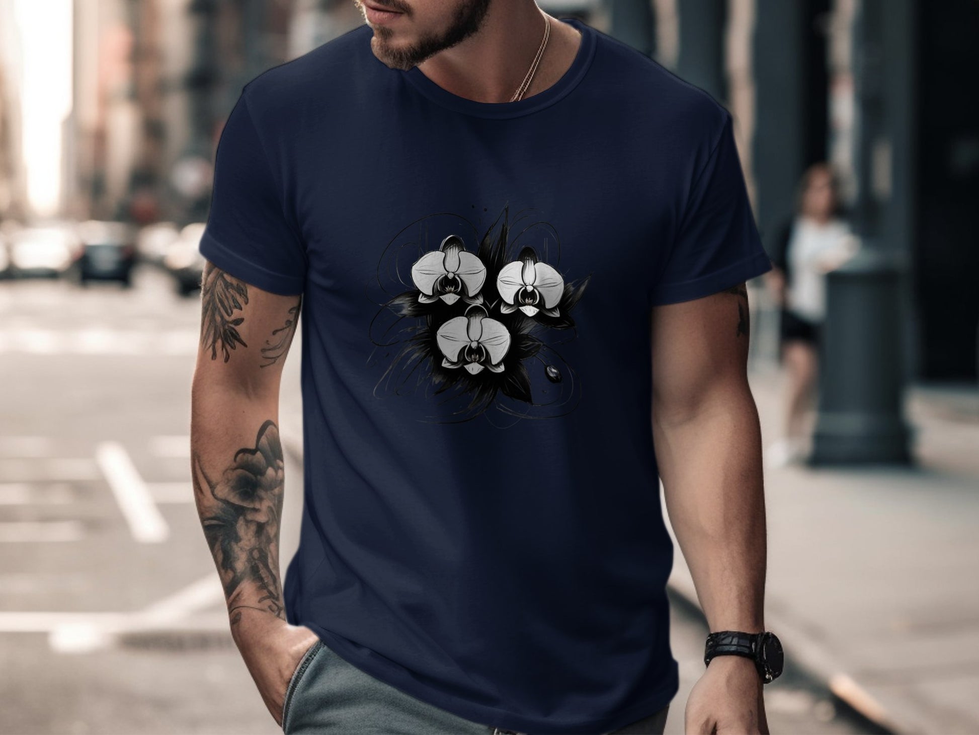 Artistic Orchid Floral Graphic T-Shirt, Abstract Flower Design Tee, Unique Black and White Print, Casual Fashion Shirt - Premium  from STXL - Just $24.99! Shop now at STXL