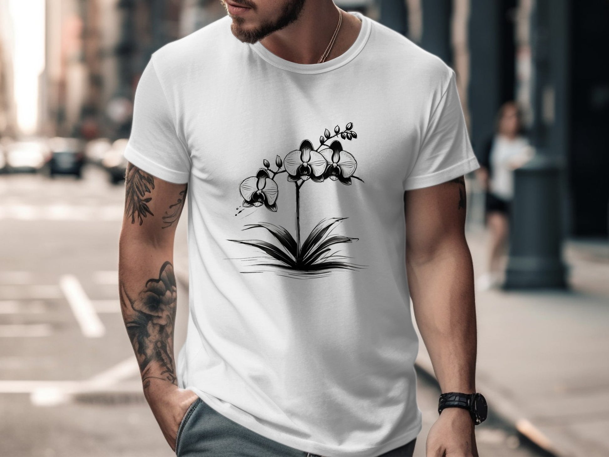 Elegant Black and White Orchid Illustration T-Shirt, Botanical Flower Graphic Tee, Minimalist Nature Art Apparel, Unique Floral Design Top - Premium  from STXL - Just $24.99! Shop now at STXL