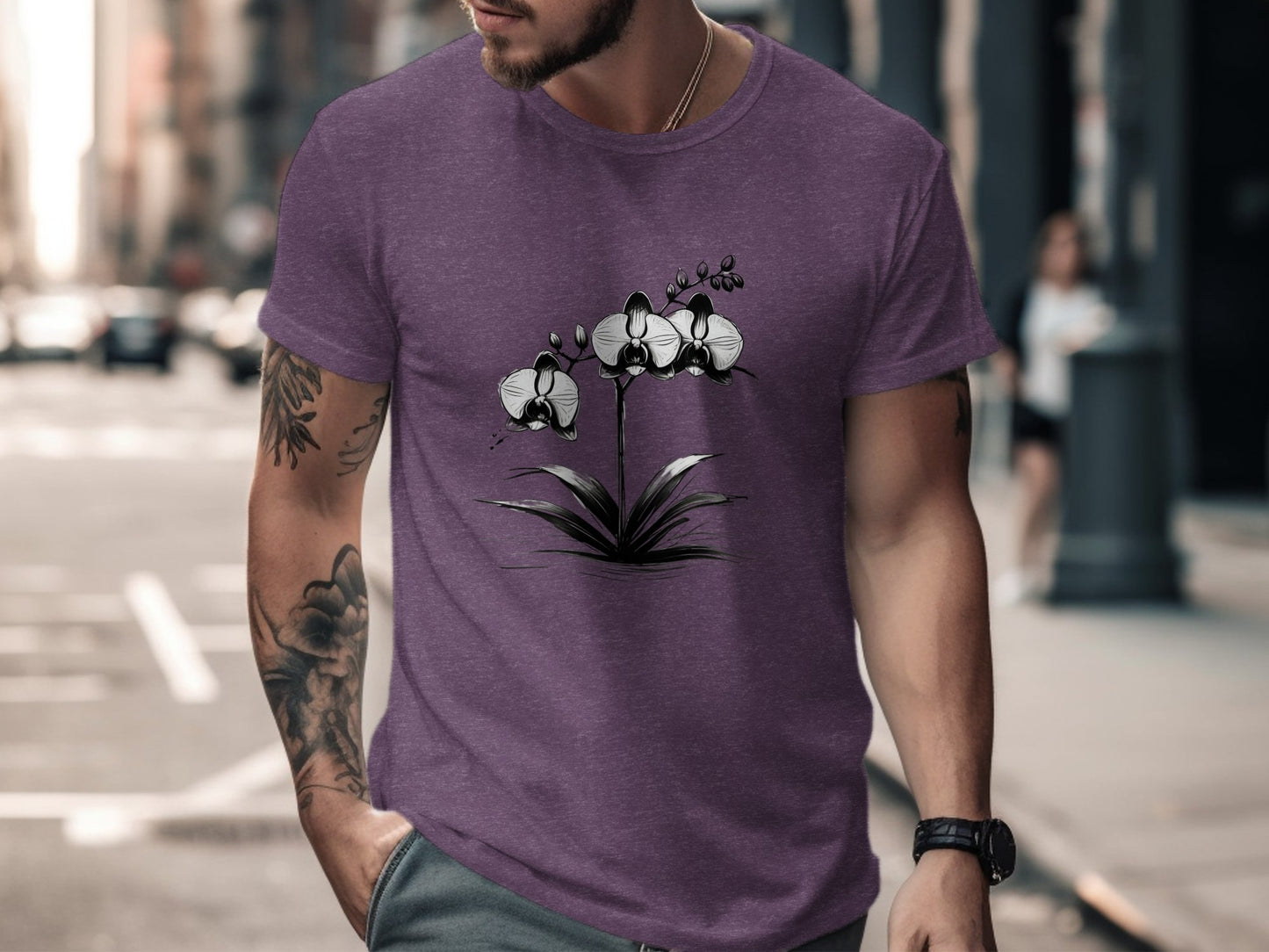 Elegant Black and White Orchid Illustration T-Shirt, Botanical Flower Graphic Tee, Minimalist Nature Art Apparel, Unique Floral Design Top - Premium  from STXL - Just $24.99! Shop now at STXL