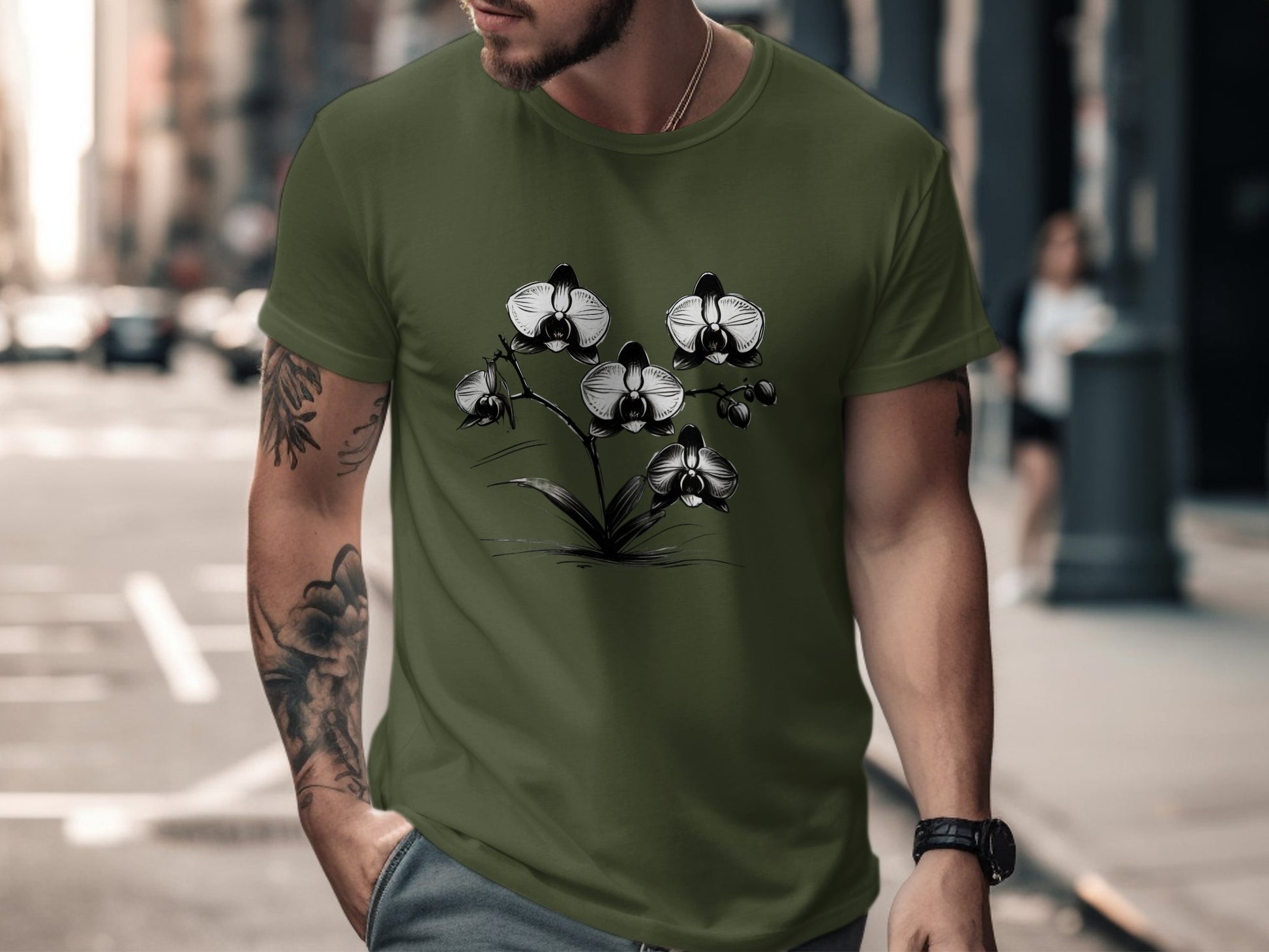 Elegant Black and White Orchid T-Shirt, Stylish Floral Graphic Tee, Botanical Art Design, Unique Casual Wear, Nature-Inspired Shirt - Premium  from STXL - Just $24.99! Shop now at STXL