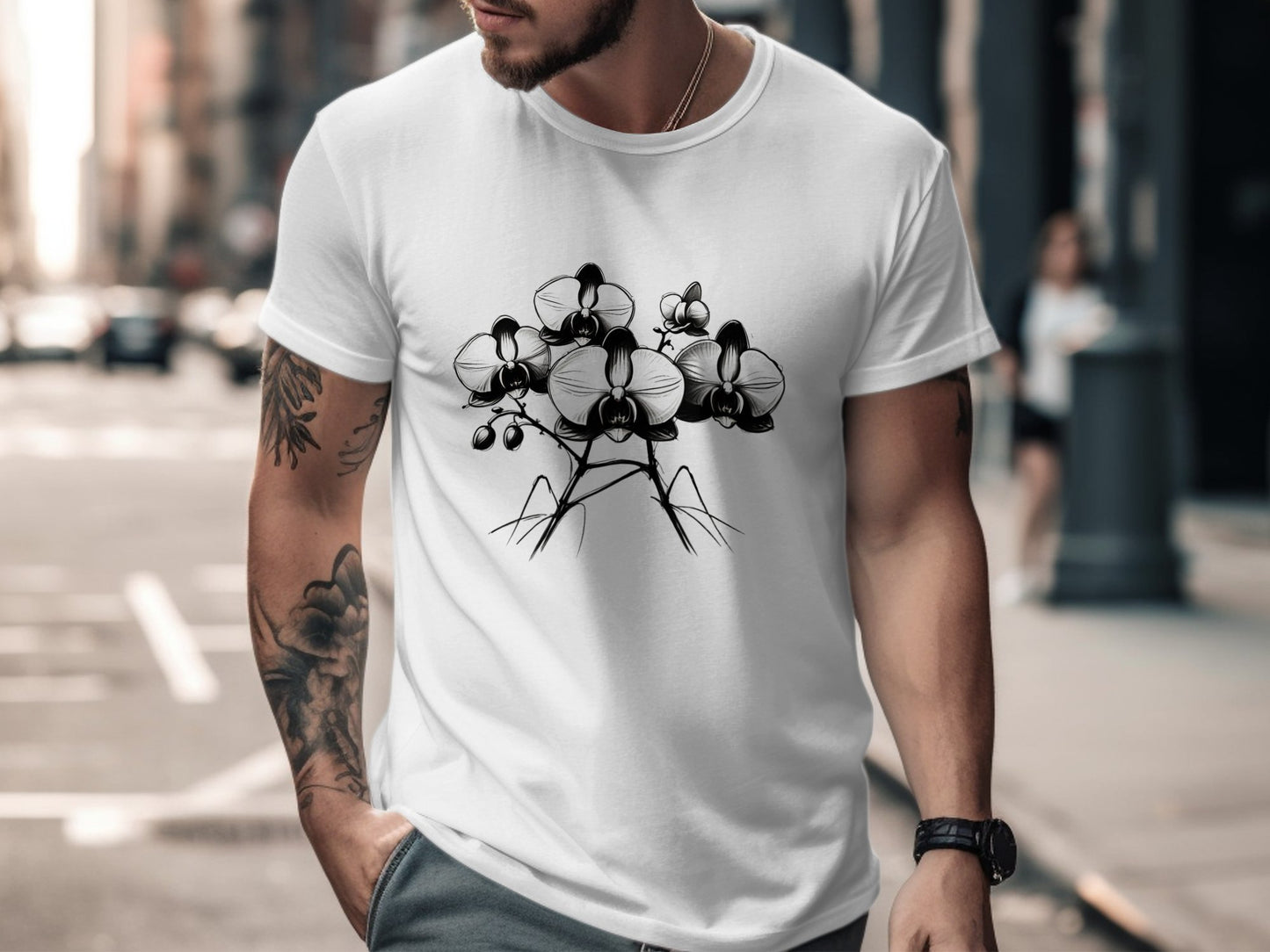 Stylish Black and White Orchid Flower Illustration T-Shirt, Elegant Floral Graphic Tee, Unique Blooming Orchid Art Design Shirt - Premium  from STXL - Just $24.99! Shop now at STXL