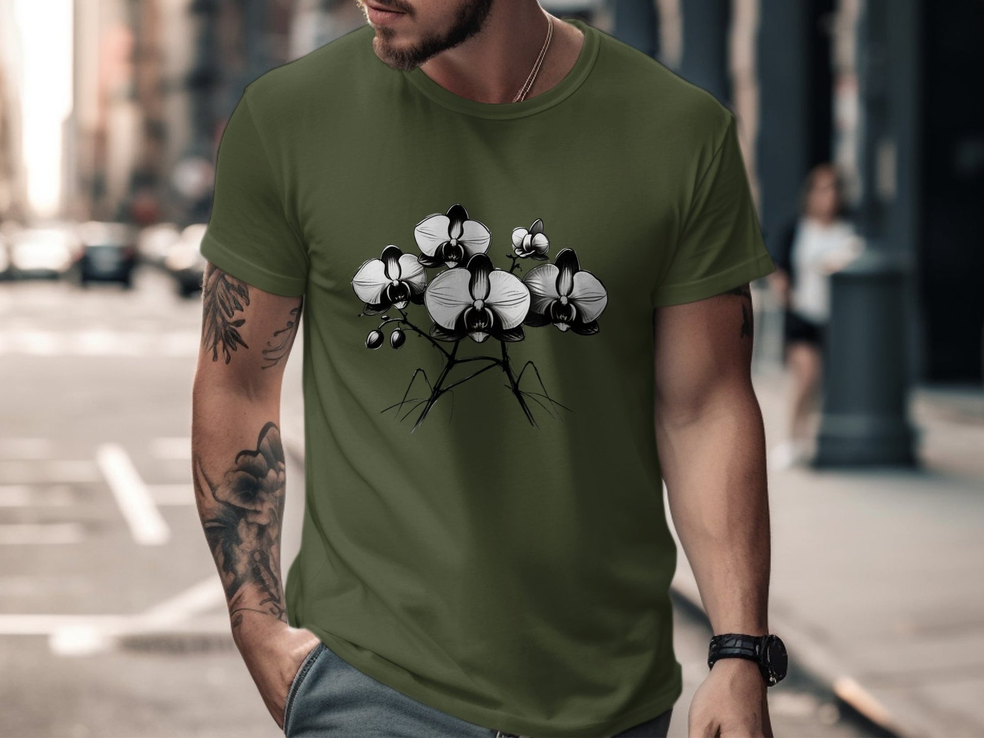 Stylish Black and White Orchid Flower Illustration T-Shirt, Elegant Floral Graphic Tee, Unique Blooming Orchid Art Design Shirt - Premium  from STXL - Just $24.99! Shop now at STXL