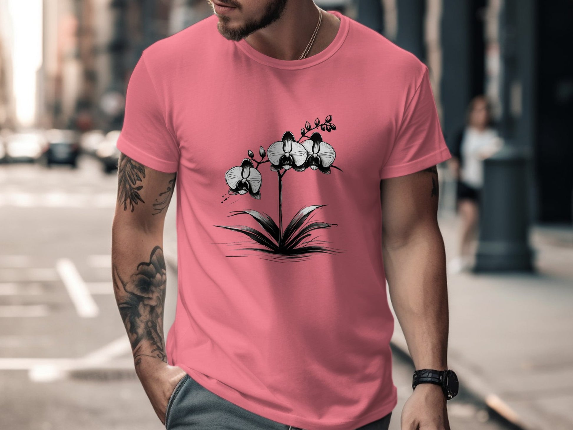 Elegant Black and White Orchid Illustration T-Shirt, Botanical Flower Graphic Tee, Minimalist Nature Art Apparel, Unique Floral Design Top - Premium  from STXL - Just $24.99! Shop now at STXL