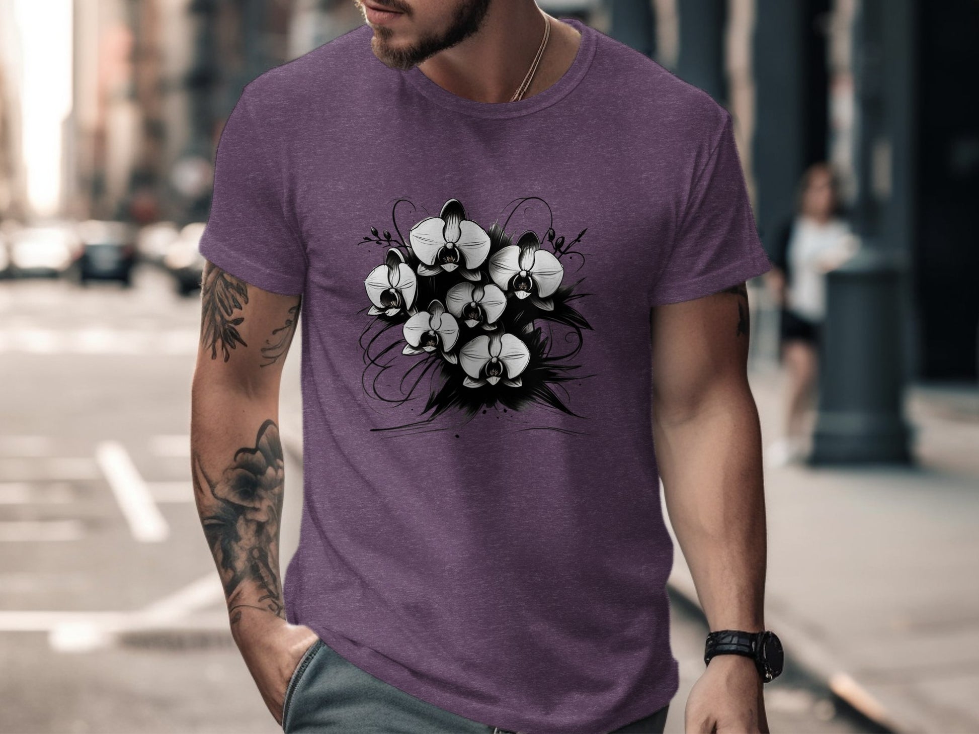 Orchid Flower Bouquet Graphic T-Shirt, Artistic Floral Design Tee, Black and White Flower Print, Unique Graphic T-Shirt, Floral Tee - Premium  from STXL - Just $24.99! Shop now at STXL