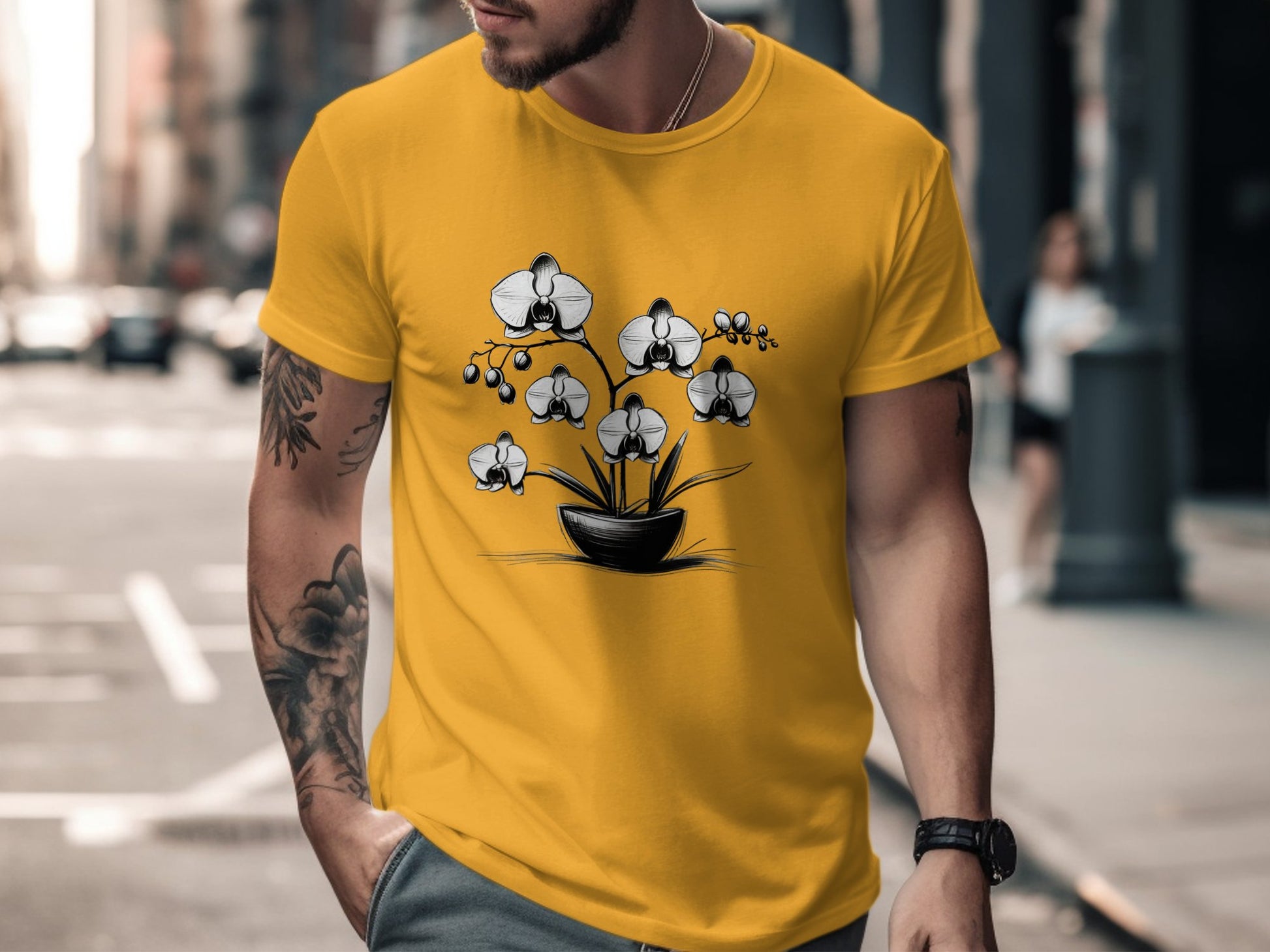 Orchid Flower Pot Drawing T-Shirt, Monochrome Orchid Plant Tee, Simple Floral Design Shirt, Elegant Black and White Floral Tee - Premium  from STXL - Just $24.99! Shop now at STXL