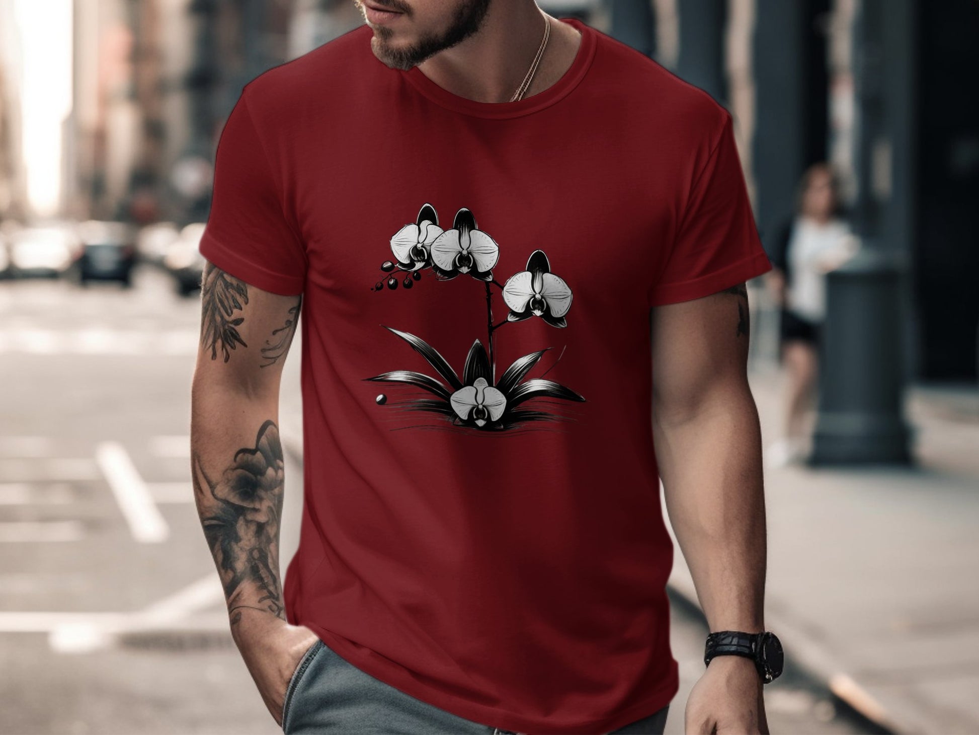 Orchid Flower Illustration T-Shirt, Botanical Art Tee, Monochrome Orchid Design Shirt, Unique Floral Graphic Tee, Minimalist Orchid Print - Premium  from STXL - Just $24.99! Shop now at STXL