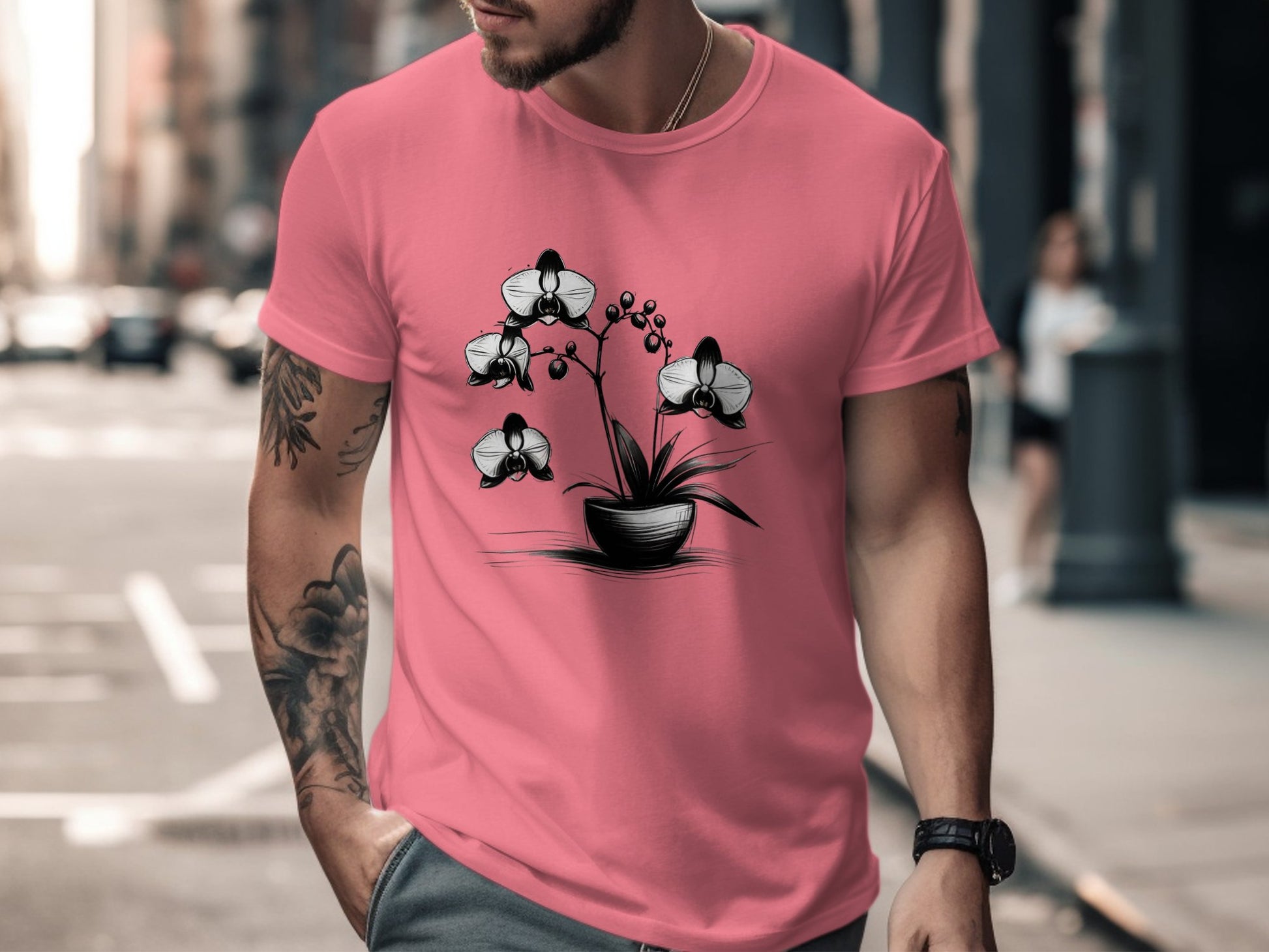 Orchid Flower Sketch Illustration, Black and White Floral Art, Botanical Plant Drawing, Nature Inspired Design, Elegant Flower T-Shirt - Premium  from STXL - Just $24.99! Shop now at STXL