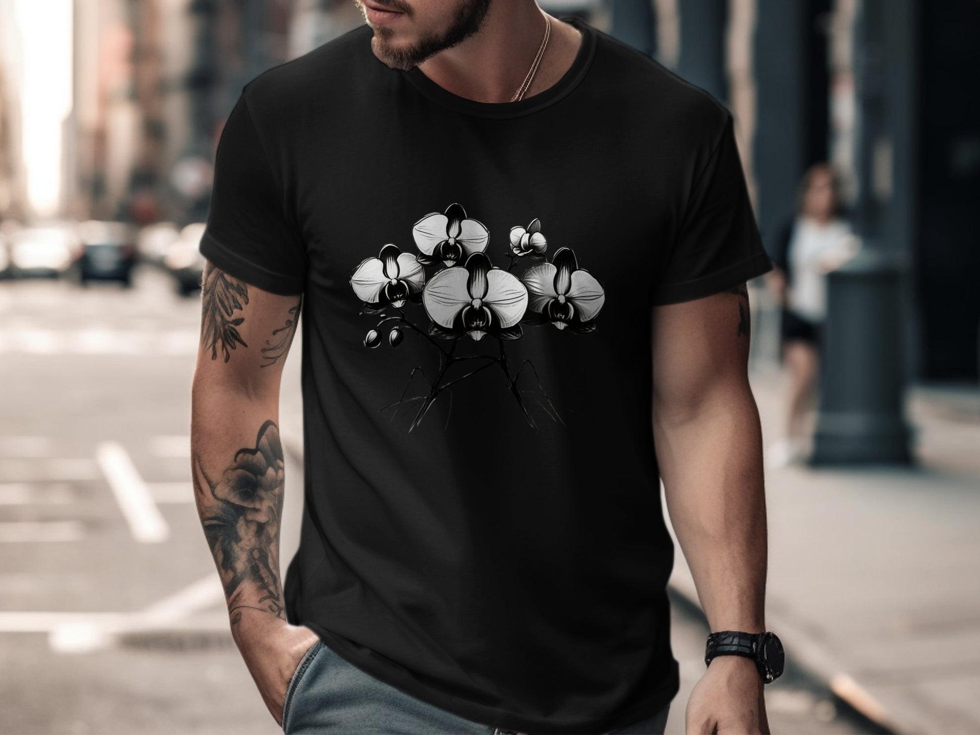 Stylish Black and White Orchid Flower Illustration T-Shirt, Elegant Floral Graphic Tee, Unique Blooming Orchid Art Design Shirt - Premium  from STXL - Just $24.99! Shop now at STXL