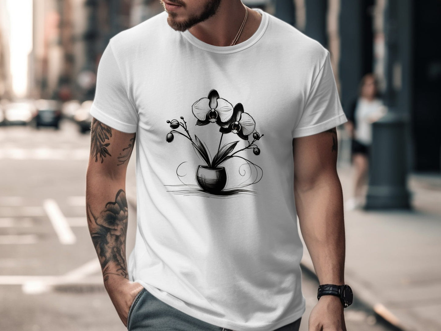 Orchid Flower Sketch T-Shirt, Botanical Art Tee, Floral Graphic Shirt, Nature Inspired Top, Vintage Style Clothing, Artistic Apparel - Premium  from STXL - Just $24.99! Shop now at STXL