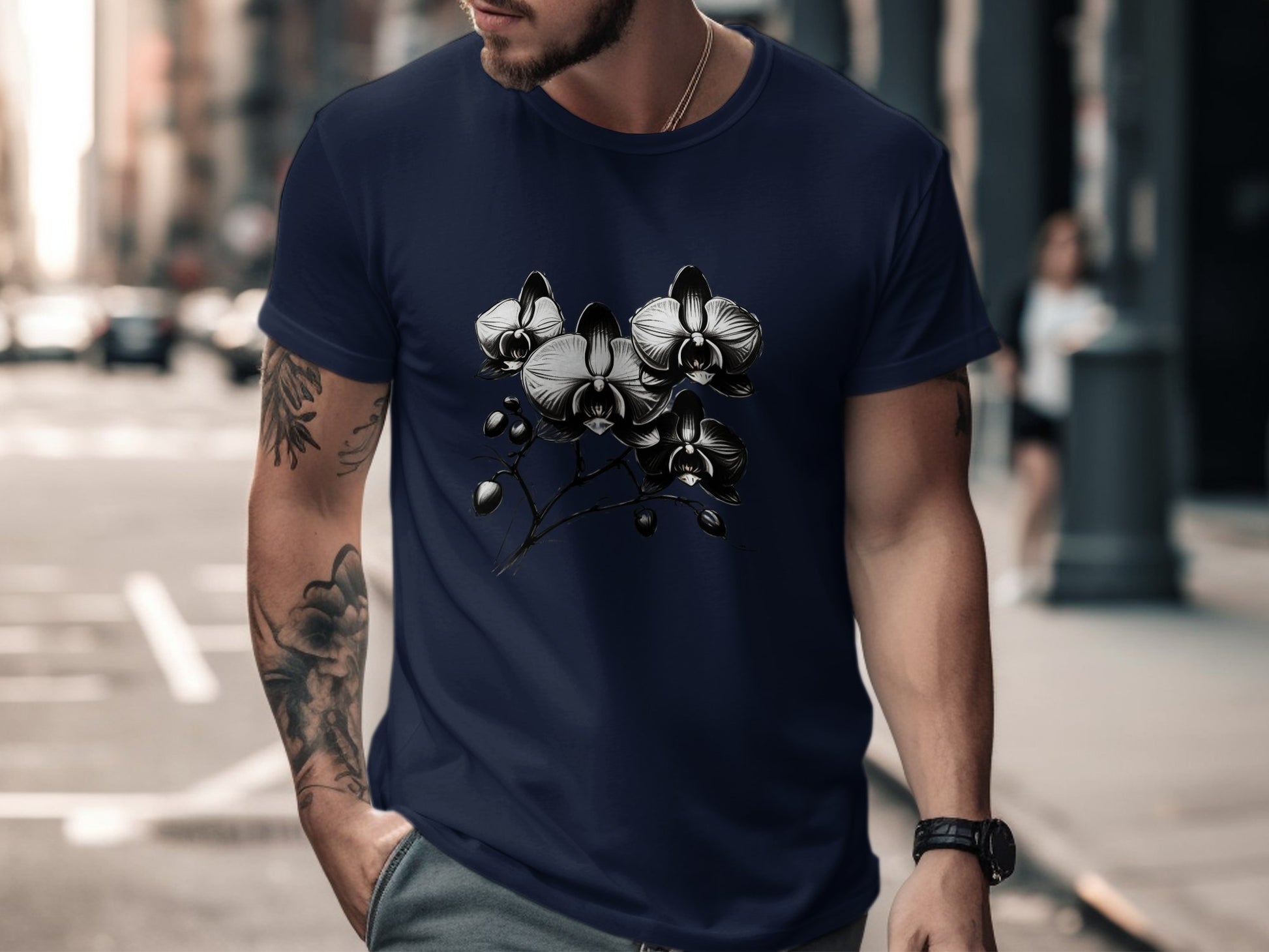 Elegant Black and White Orchid Illustration T-Shirt, Floral Graphic Tee, Unique Artistic Design Apparel, Nature Inspired Shirt, Gift - Premium  from STXL - Just $24.99! Shop now at STXL