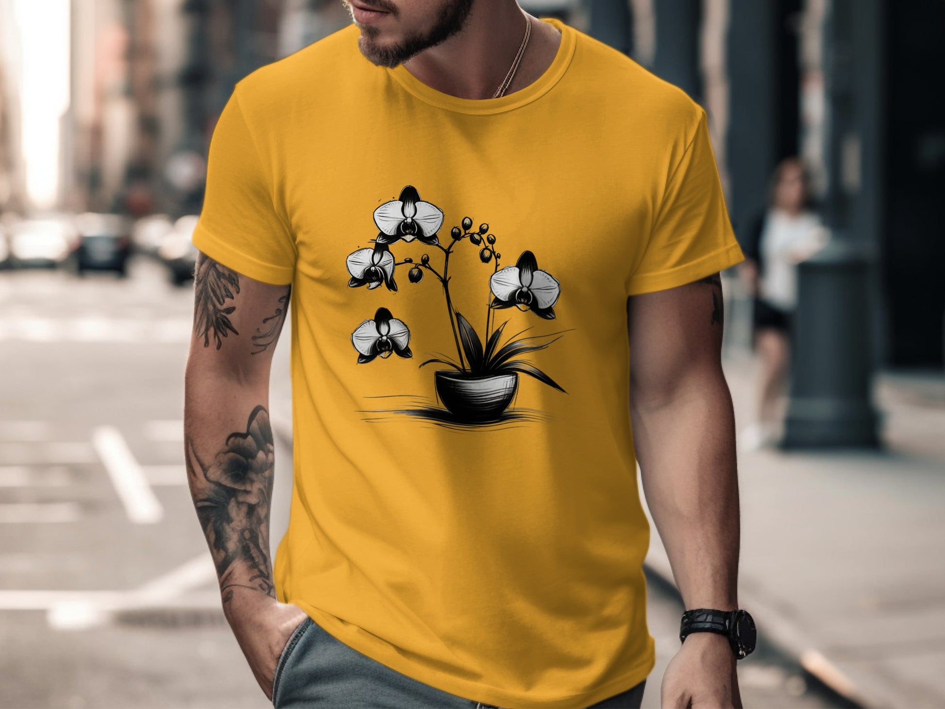 Orchid Flower Sketch Illustration, Black and White Floral Art, Botanical Plant Drawing, Nature Inspired Design, Elegant Flower T-Shirt - Premium  from STXL - Just $24.99! Shop now at STXL