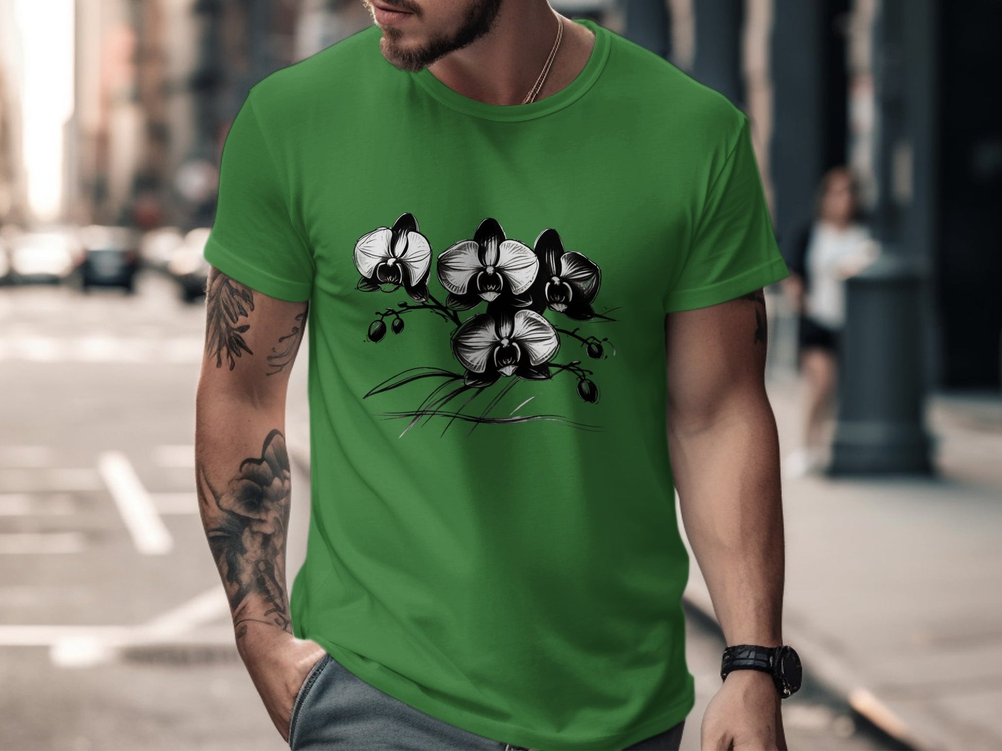 Artistic Black and White Orchid Design T-Shirt, Botanical Floral Print Tee, Nature Inspired Graphic T-Shirt, Unique Fashion Style - Premium  from STXL - Just $24.99! Shop now at STXL