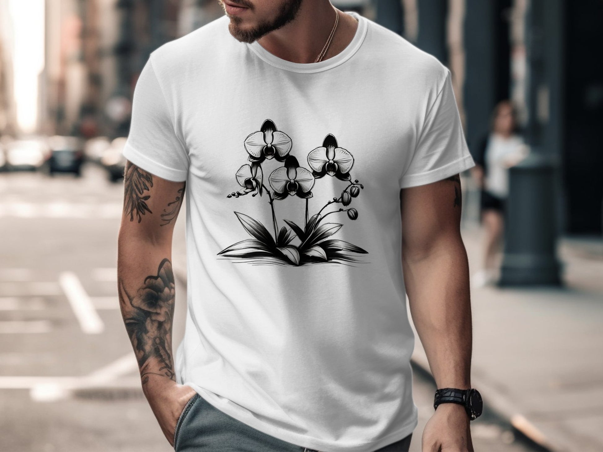 Black and White Orchid Illustration T-Shirt, Elegant Floral Art Tee, Botanical Design Shirt, Flower Graphic T-Shirt, Nature Lover Gift - Premium  from STXL - Just $24.99! Shop now at STXL