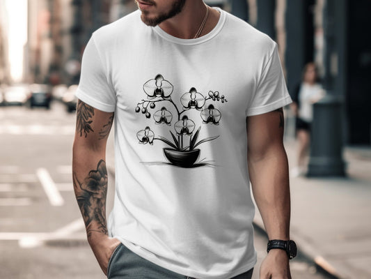 Orchid Flower Pot Drawing T-Shirt, Monochrome Orchid Plant Tee, Simple Floral Design Shirt, Elegant Black and White Floral Tee - Premium  from STXL - Just $24.99! Shop now at STXL