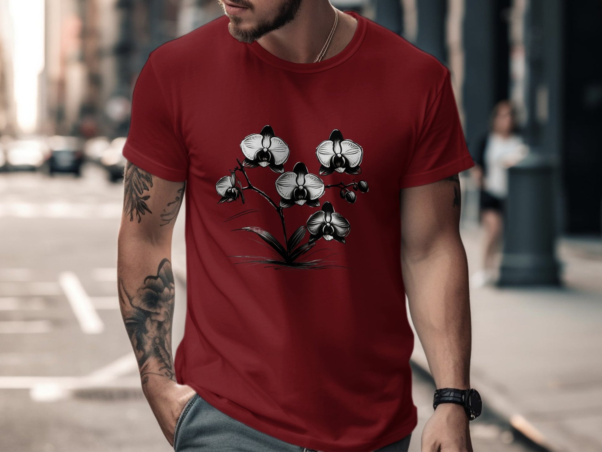 Elegant Black and White Orchid T-Shirt, Stylish Floral Graphic Tee, Botanical Art Design, Unique Casual Wear, Nature-Inspired Shirt - Premium  from STXL - Just $24.99! Shop now at STXL