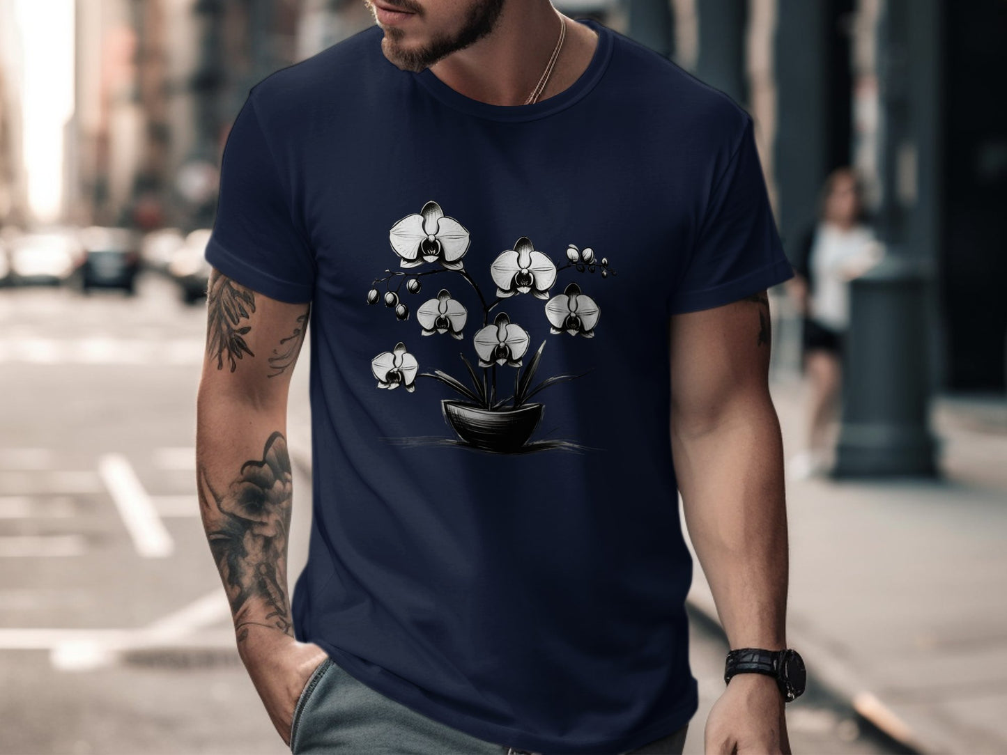 Orchid Flower Pot Drawing T-Shirt, Monochrome Orchid Plant Tee, Simple Floral Design Shirt, Elegant Black and White Floral Tee - Premium  from STXL - Just $24.99! Shop now at STXL