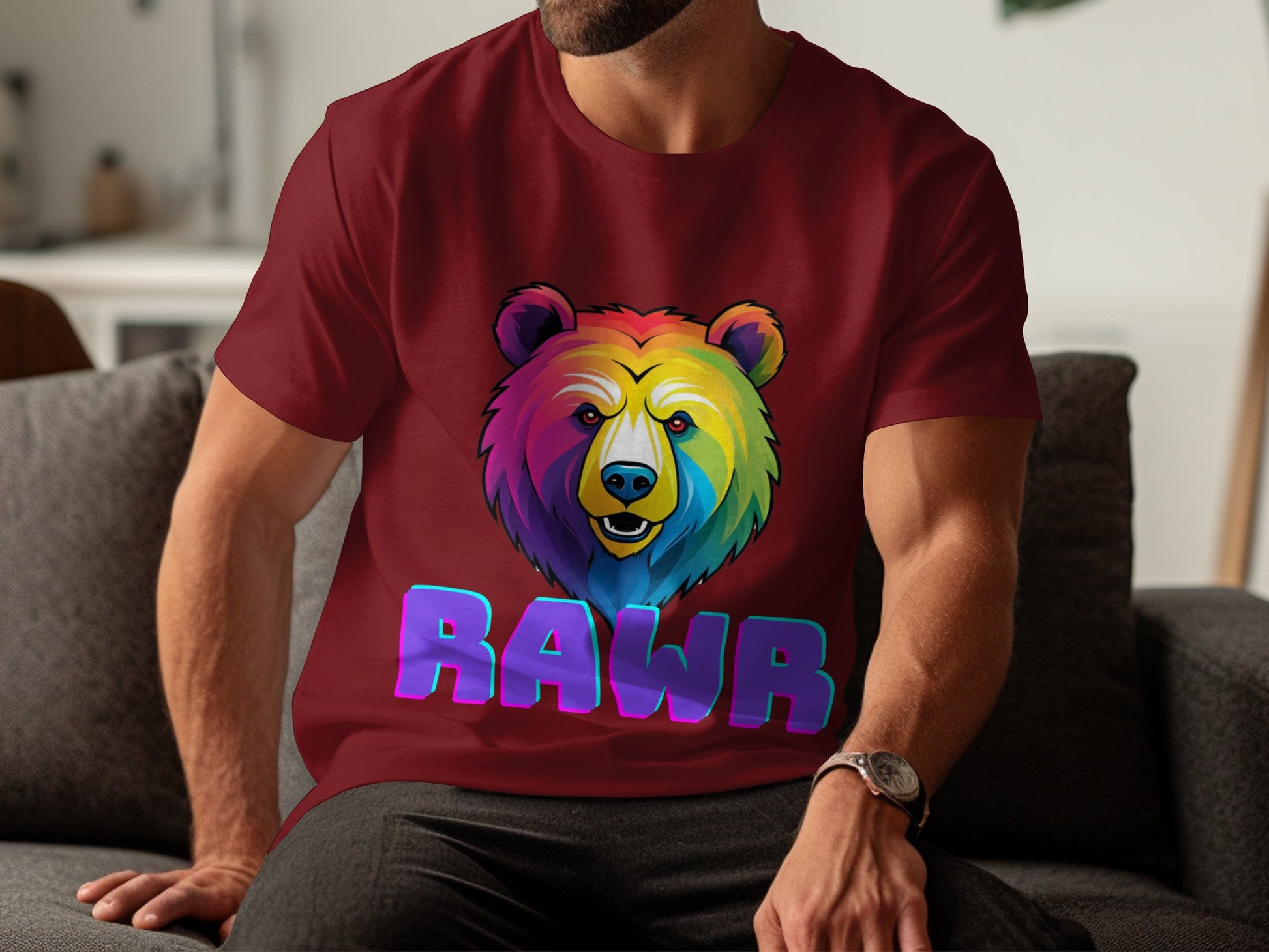 Colorful Bear Graphic T-Shirt, Rainbow Bear with RAWR Text Shirt, Unique Bear Design Tee, Bold Colorful Animal Print T-Shirt - Premium  from STXL - Just $24.99! Shop now at STXL