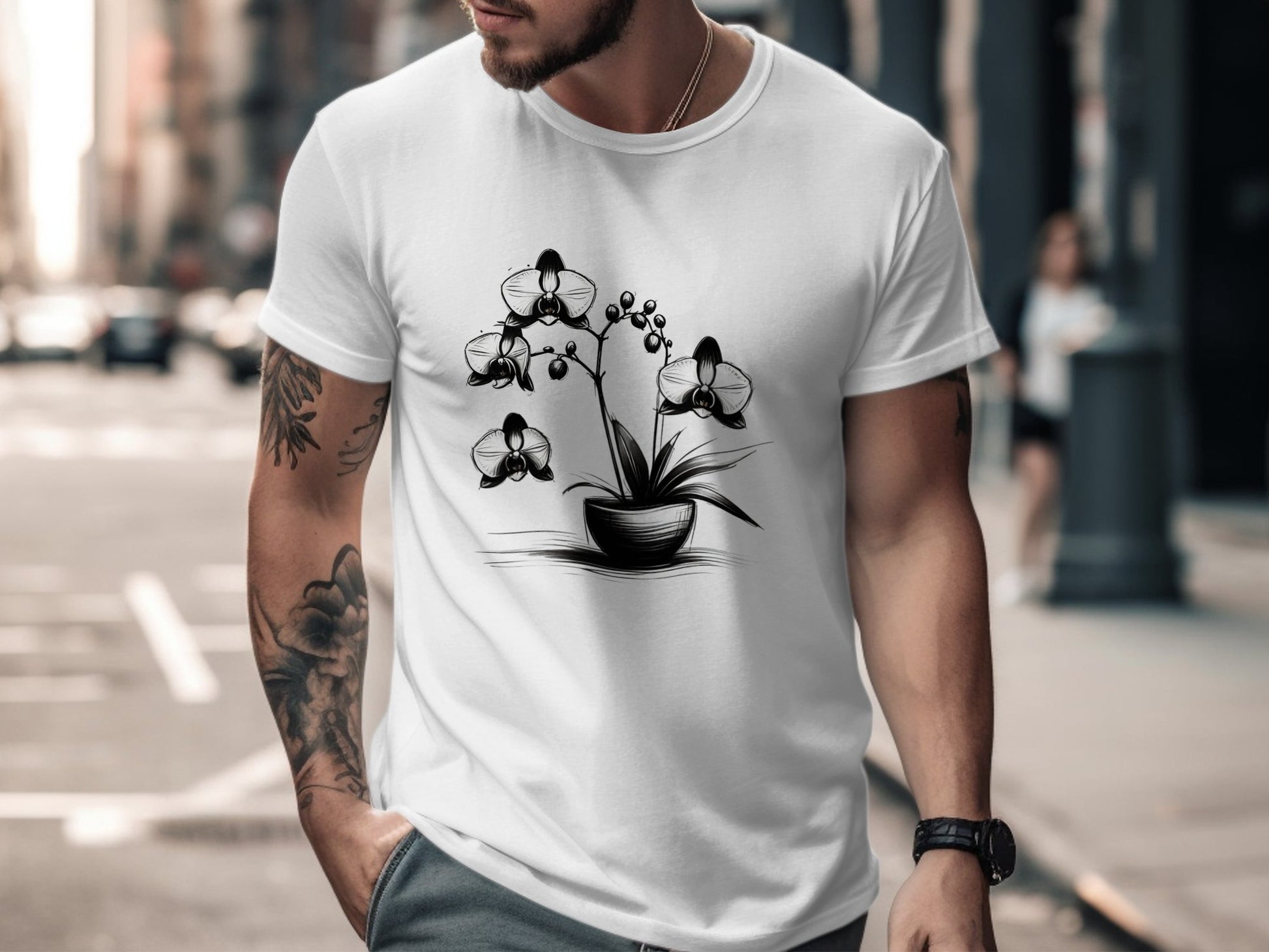 Orchid Flower Sketch Illustration, Black and White Floral Art, Botanical Plant Drawing, Nature Inspired Design, Elegant Flower T-Shirt - Premium  from STXL - Just $24.99! Shop now at STXL