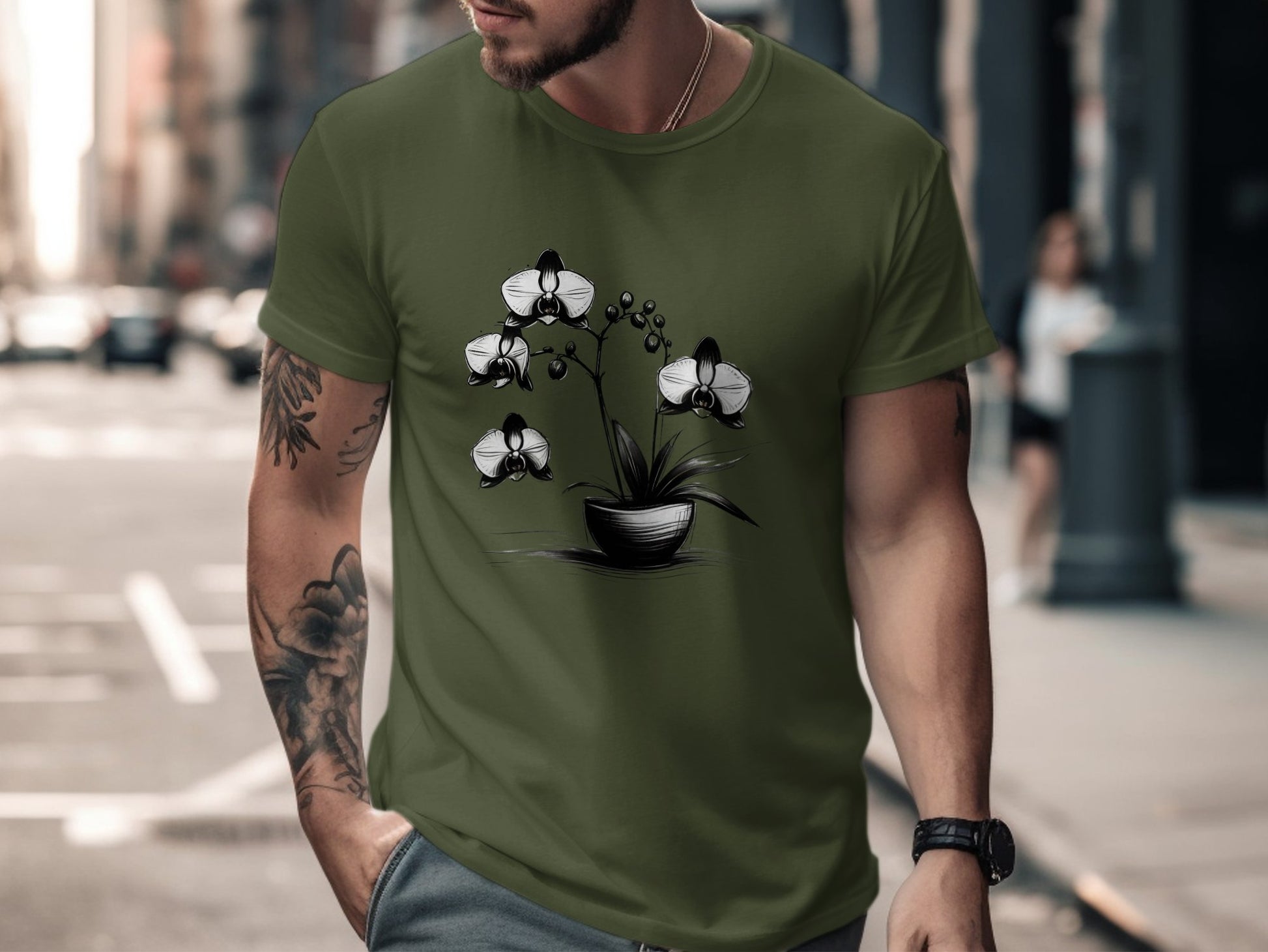 Orchid Flower Sketch Illustration, Black and White Floral Art, Botanical Plant Drawing, Nature Inspired Design, Elegant Flower T-Shirt - Premium  from STXL - Just $24.99! Shop now at STXL