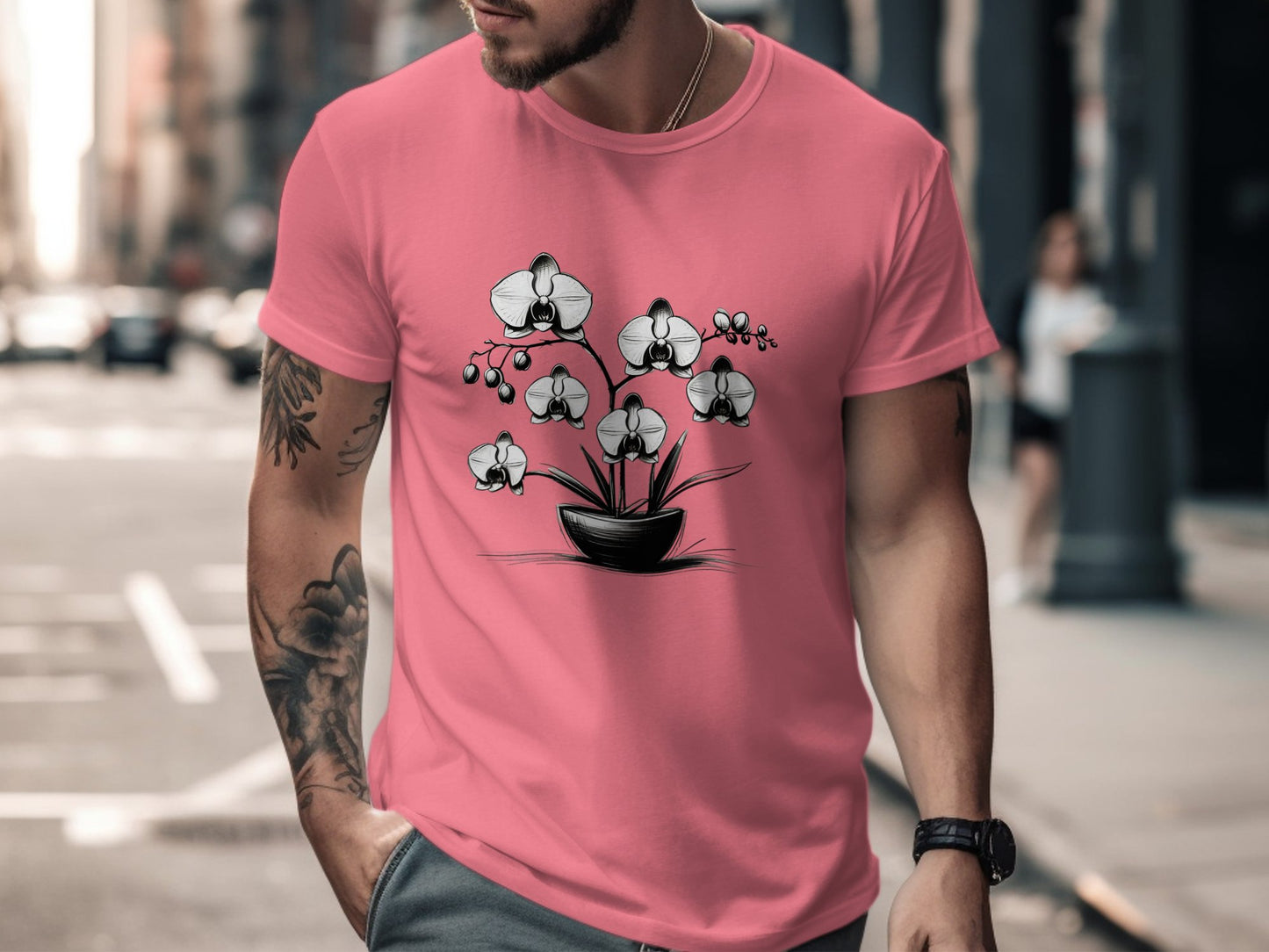 Orchid Flower Pot Drawing T-Shirt, Monochrome Orchid Plant Tee, Simple Floral Design Shirt, Elegant Black and White Floral Tee - Premium  from STXL - Just $24.99! Shop now at STXL