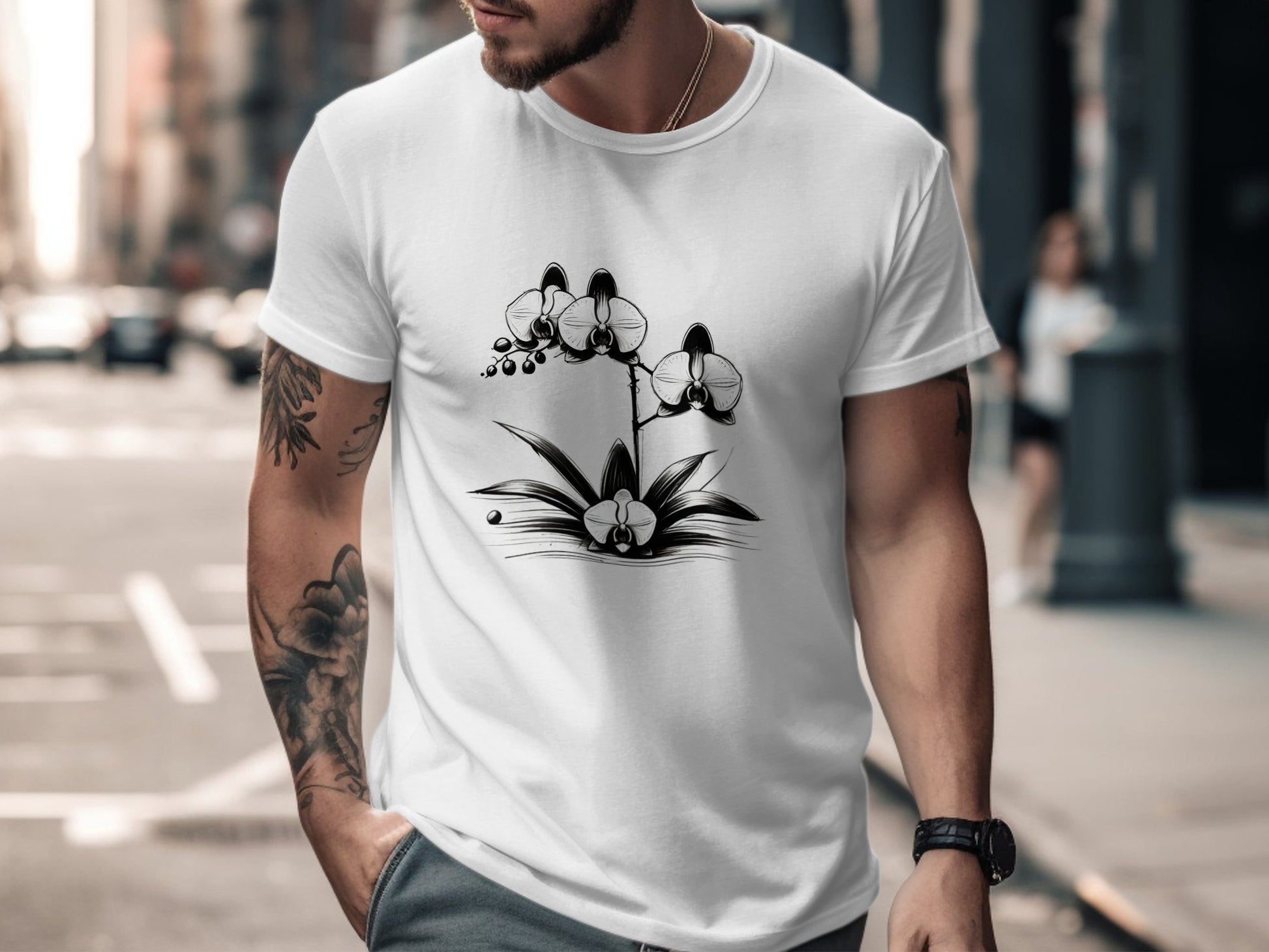 Orchid Flower Illustration T-Shirt, Botanical Art Tee, Monochrome Orchid Design Shirt, Unique Floral Graphic Tee, Minimalist Orchid Print - Premium  from STXL - Just $24.99! Shop now at STXL