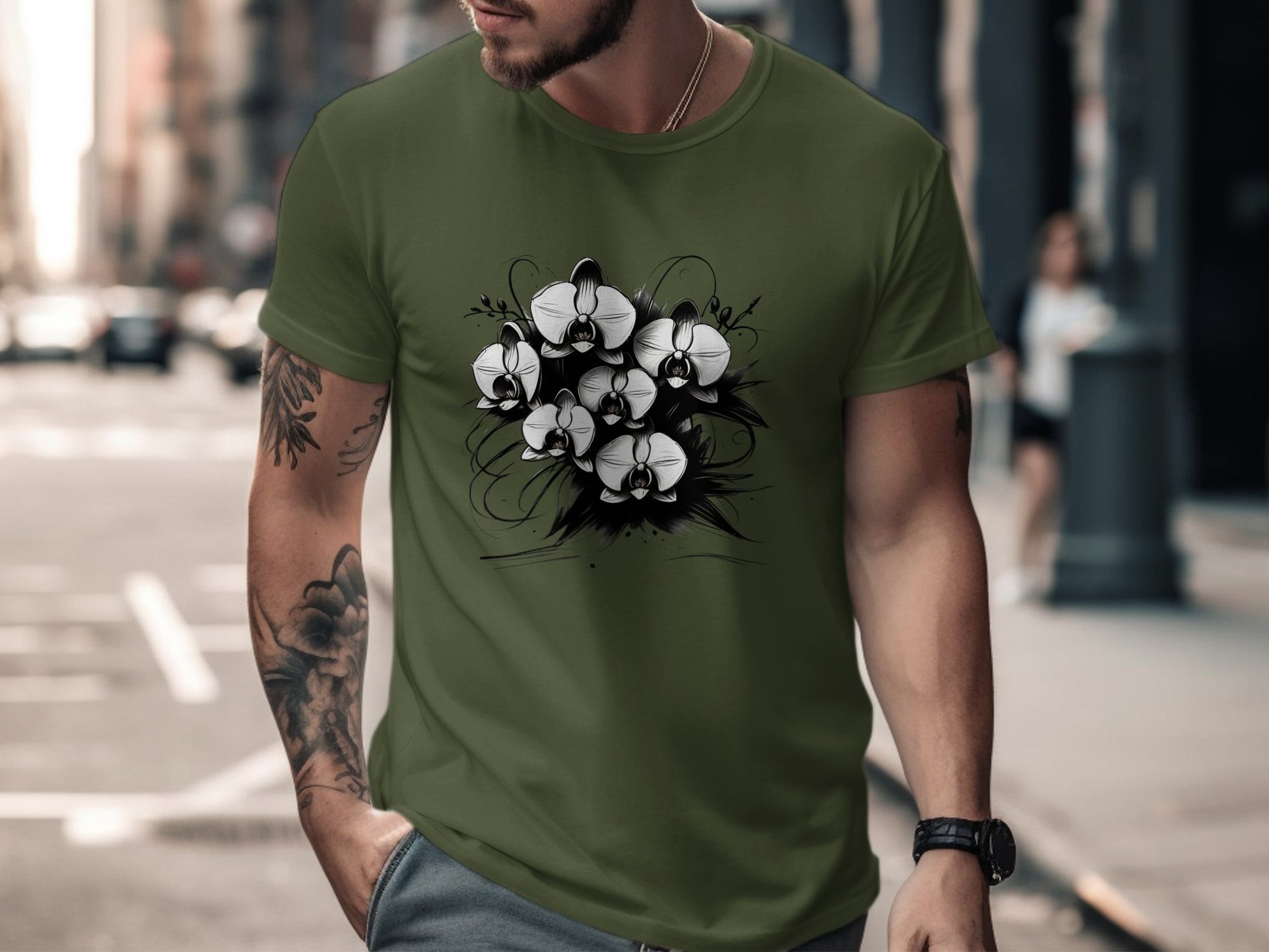 Orchid Flower Bouquet Graphic T-Shirt, Artistic Floral Design Tee, Black and White Flower Print, Unique Graphic T-Shirt, Floral Tee - Premium  from STXL - Just $24.99! Shop now at STXL